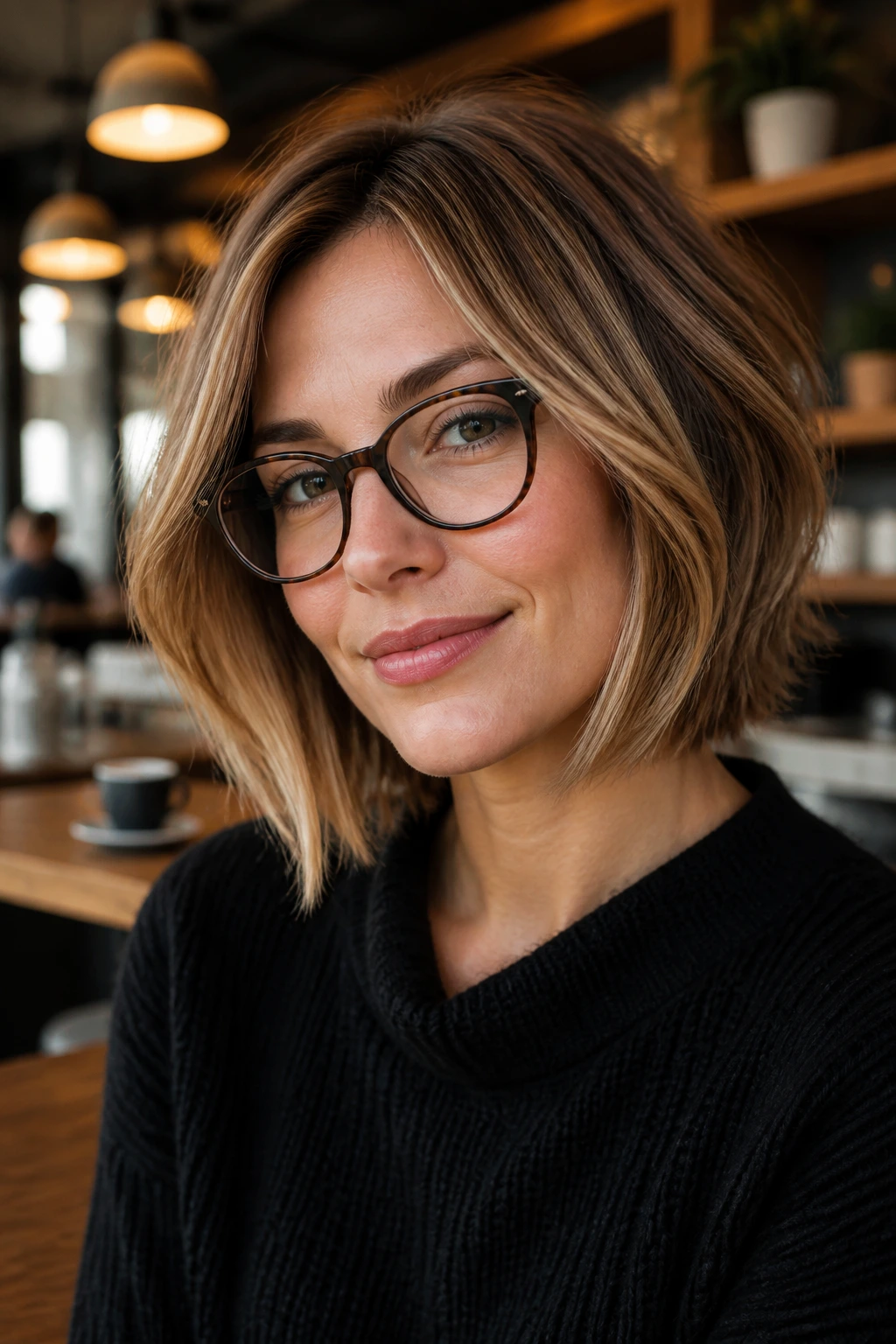Close-up portrait of a real woman with face-framing layers in cafe light