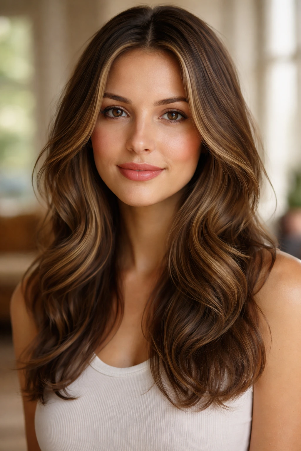 Real woman with face-framing layers and center part in soft lighting