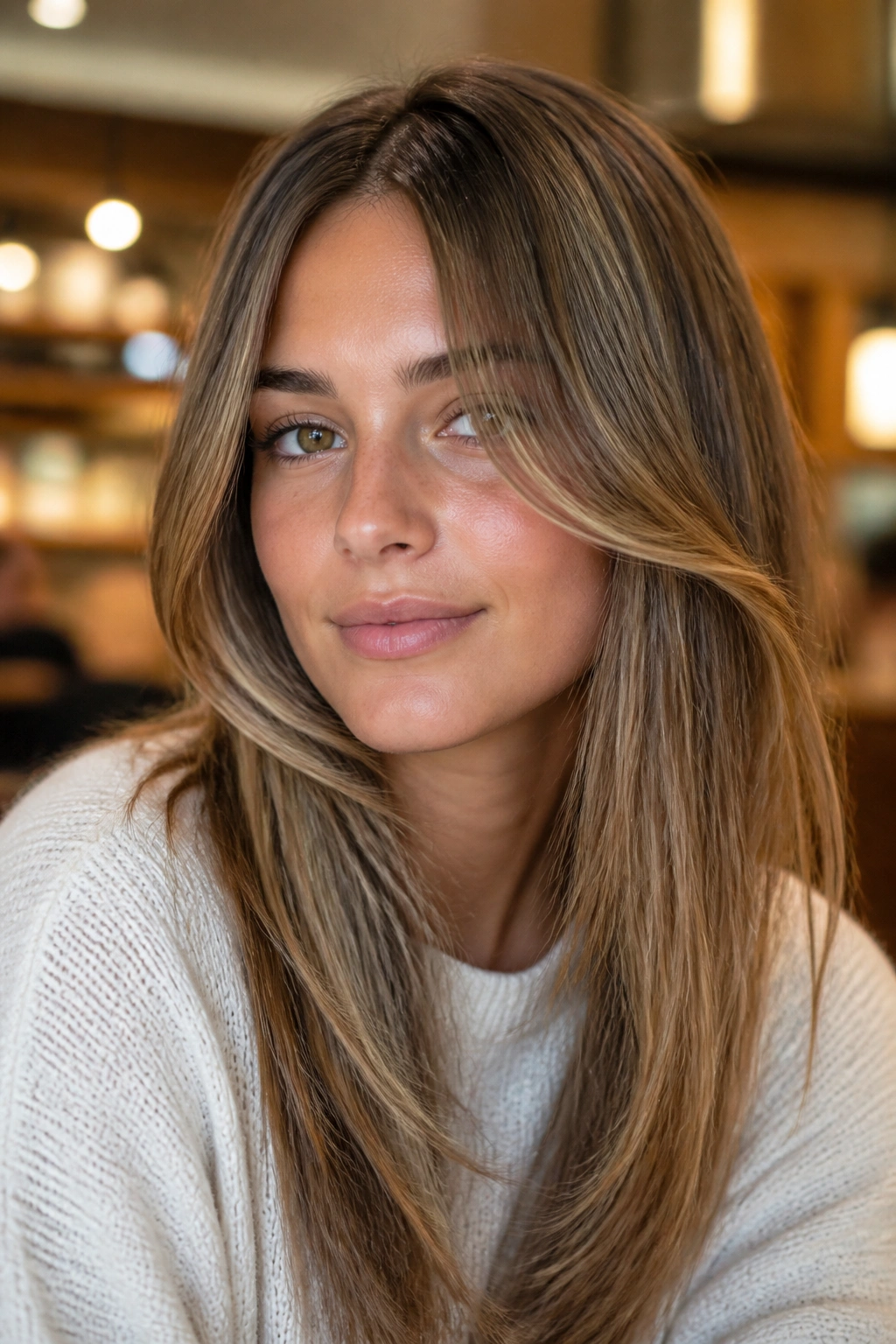 Close-up of real woman with face-framing cheekbone layers