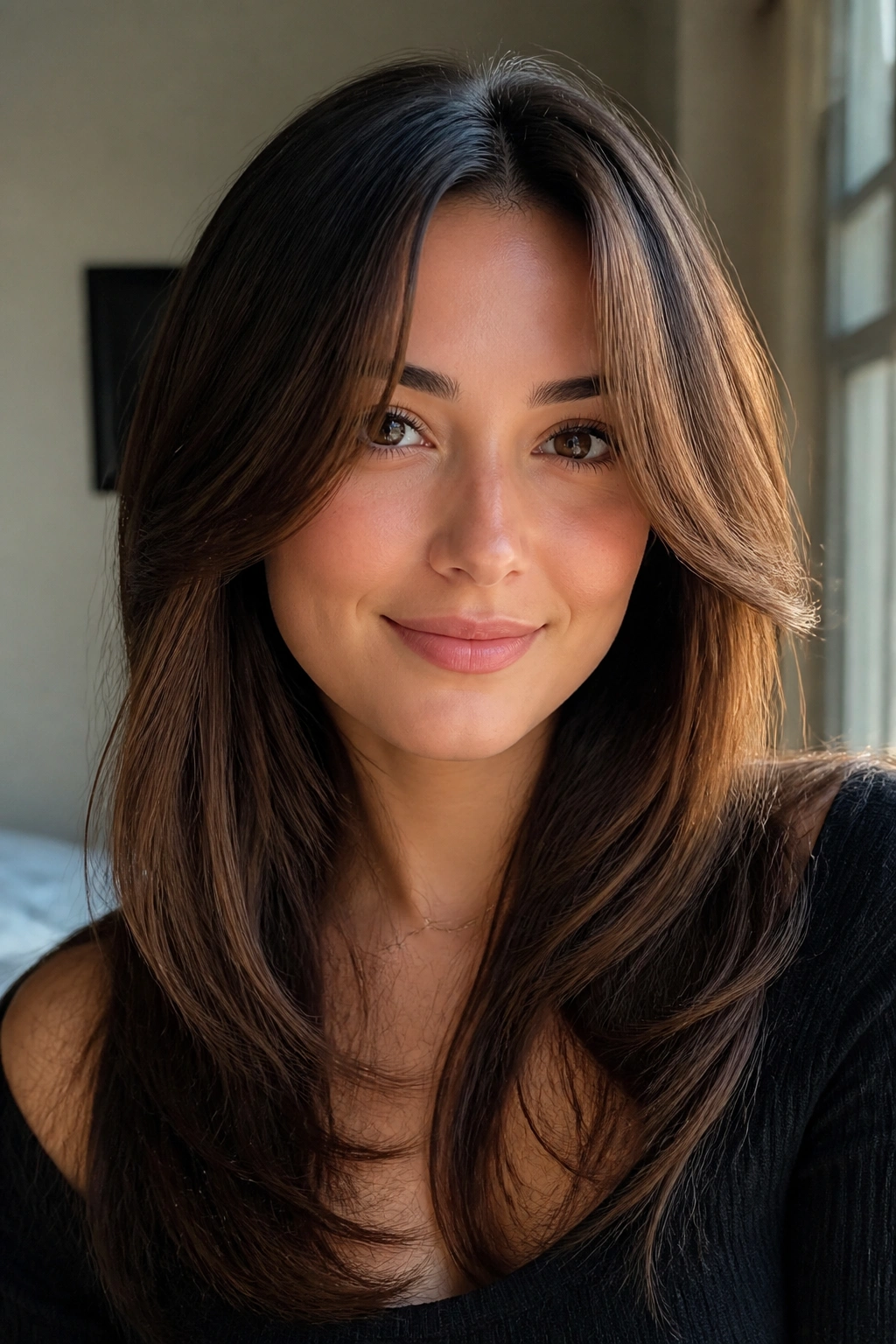 Portrait of a woman with cheekbone-starting face-framing layers