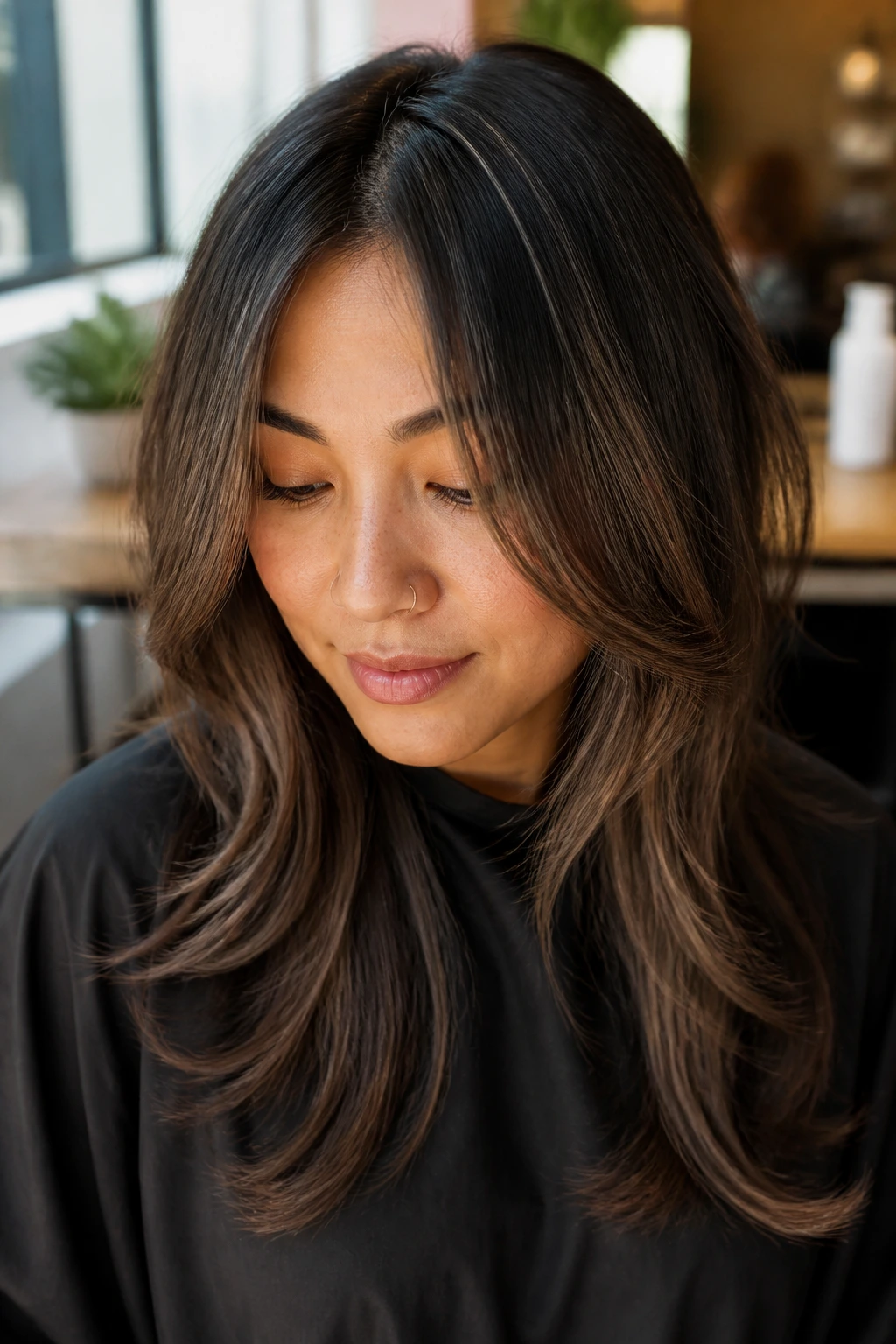 Close-up of a real person with face-framing layers past the cheeks forming a soft curtain