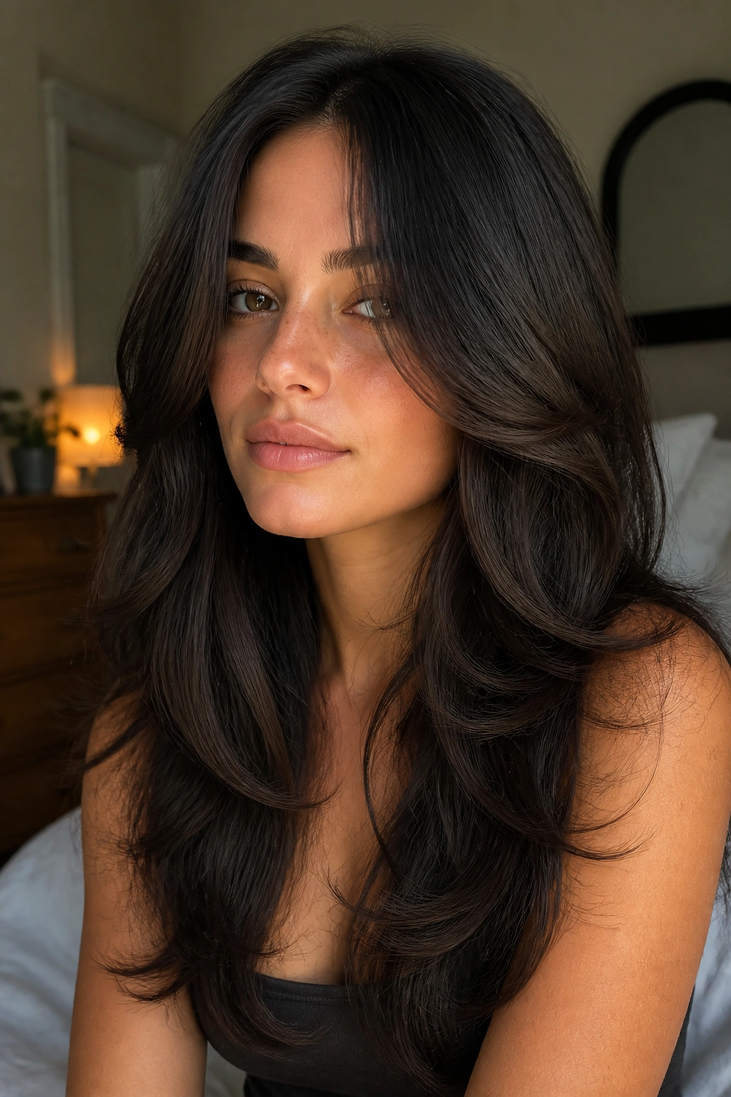 Close-up portrait of a real woman with cheekbone-face-framing layers in warm bedroom light