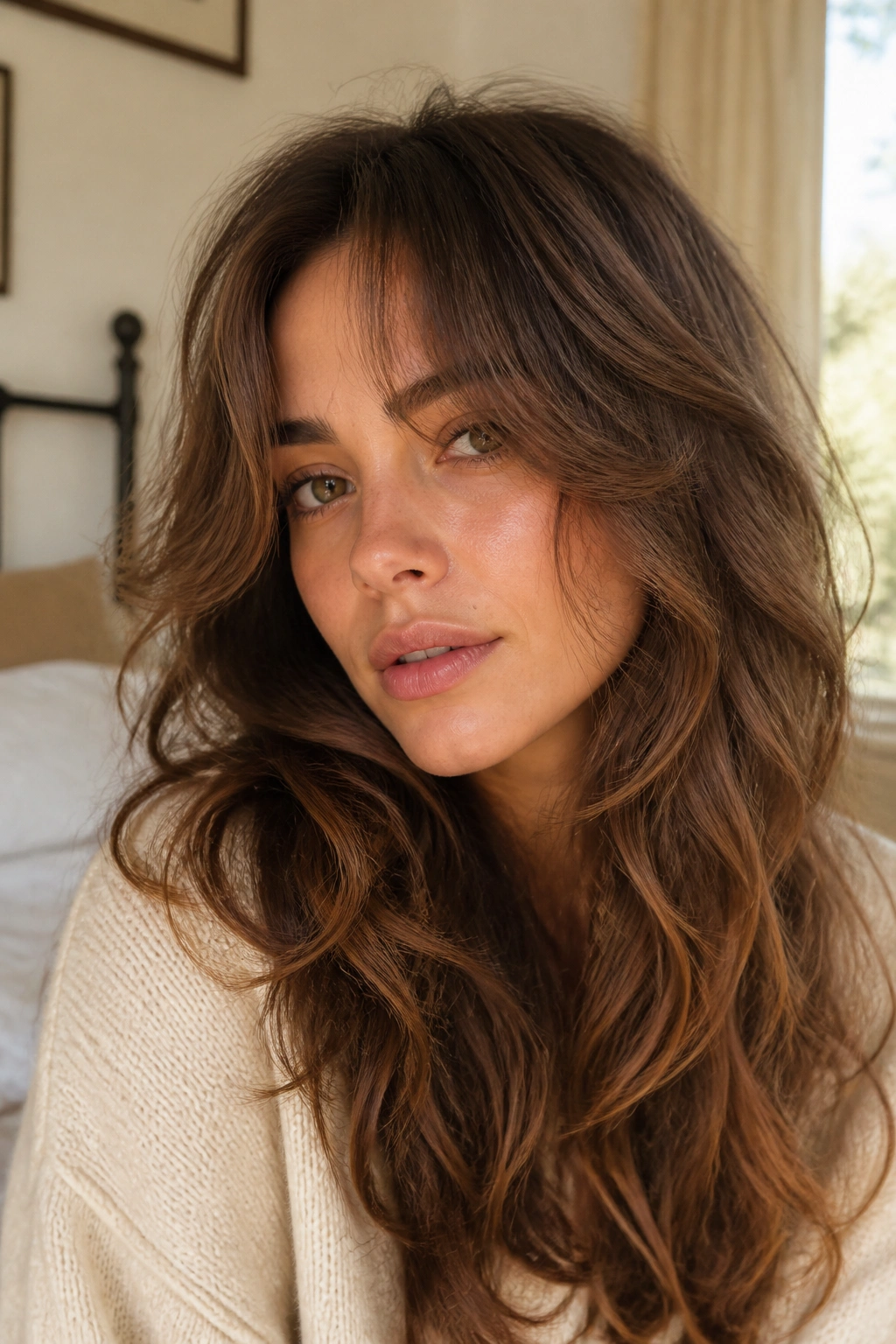 Close-up portrait of a woman with face-framing layers and a grown-out fringe in thick wavy hair