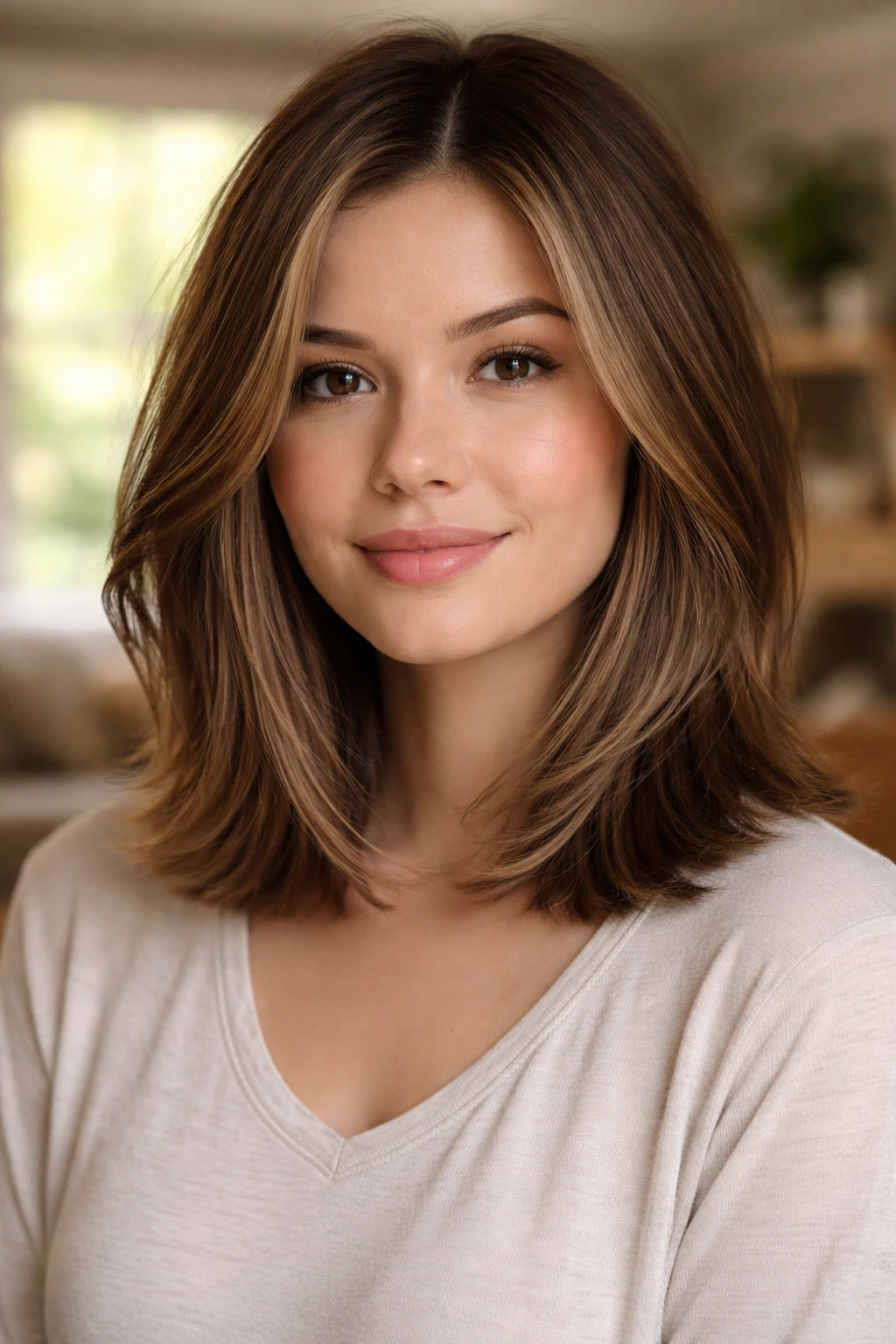 Close-up portrait of a woman with jaw-length face-framing layers in a lob.