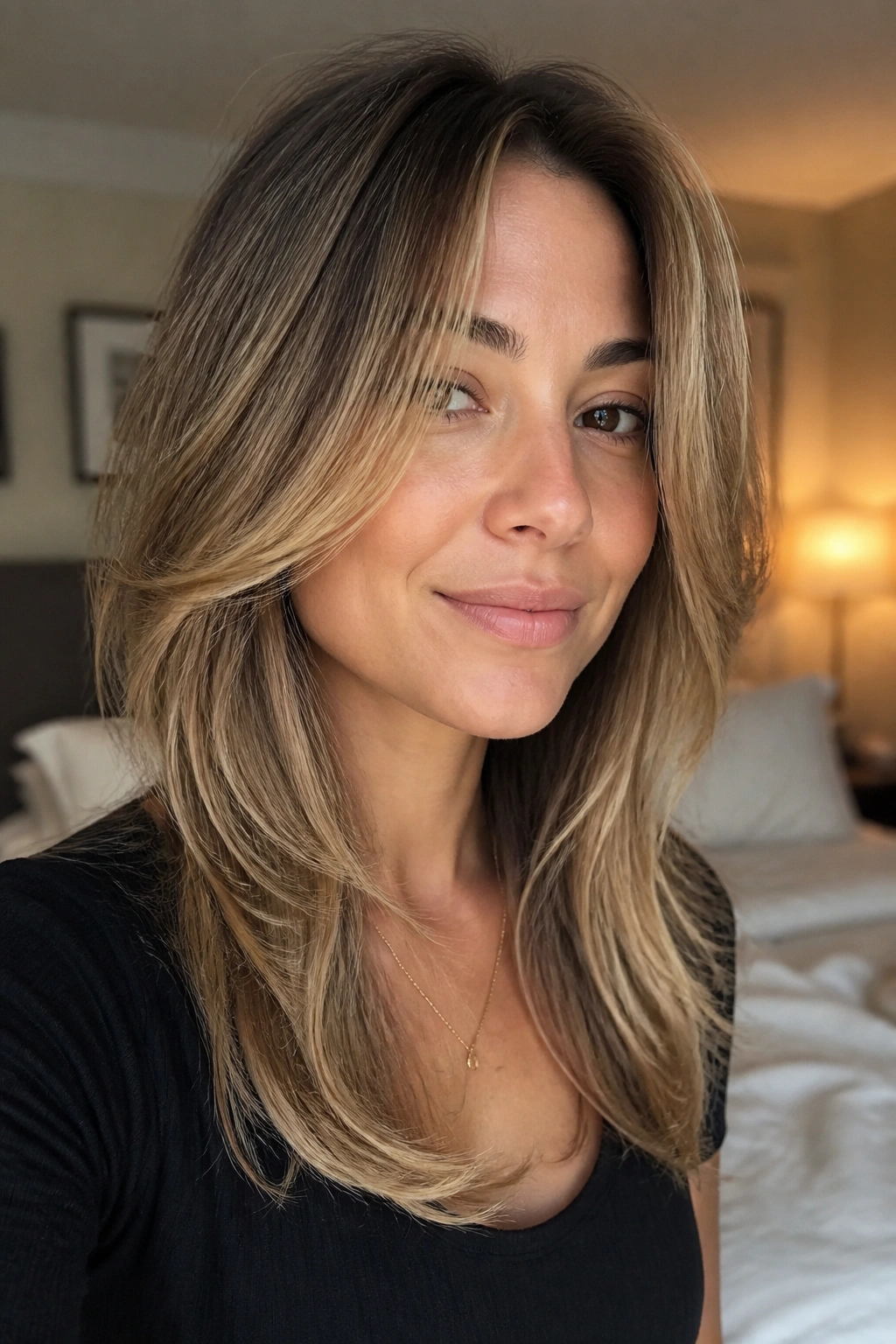 Close-up portrait of a real person with long face-framing layers around the chin.
