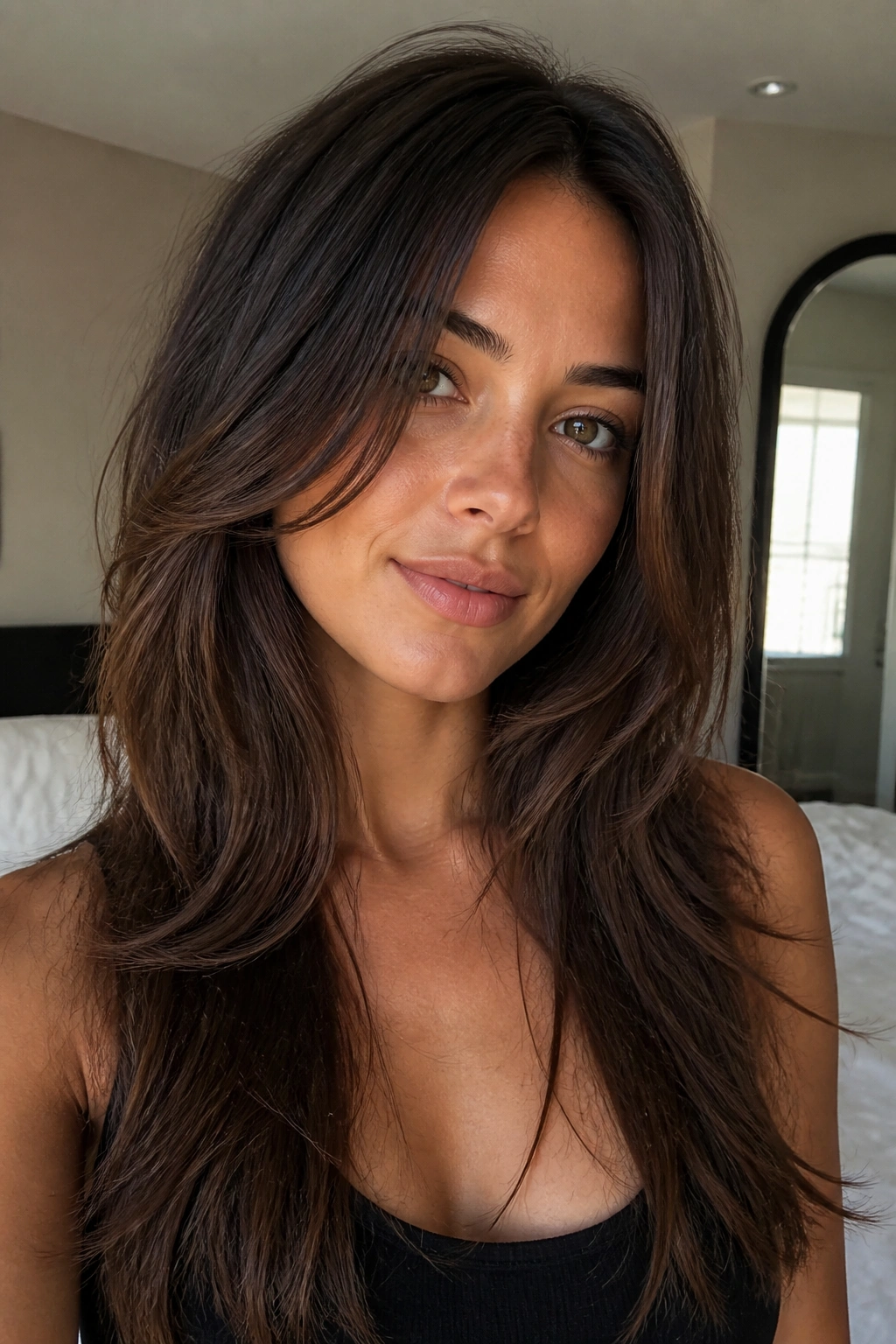 Close-up of a real woman with long, thick hair showing front face-framing layers from chin to collarbone