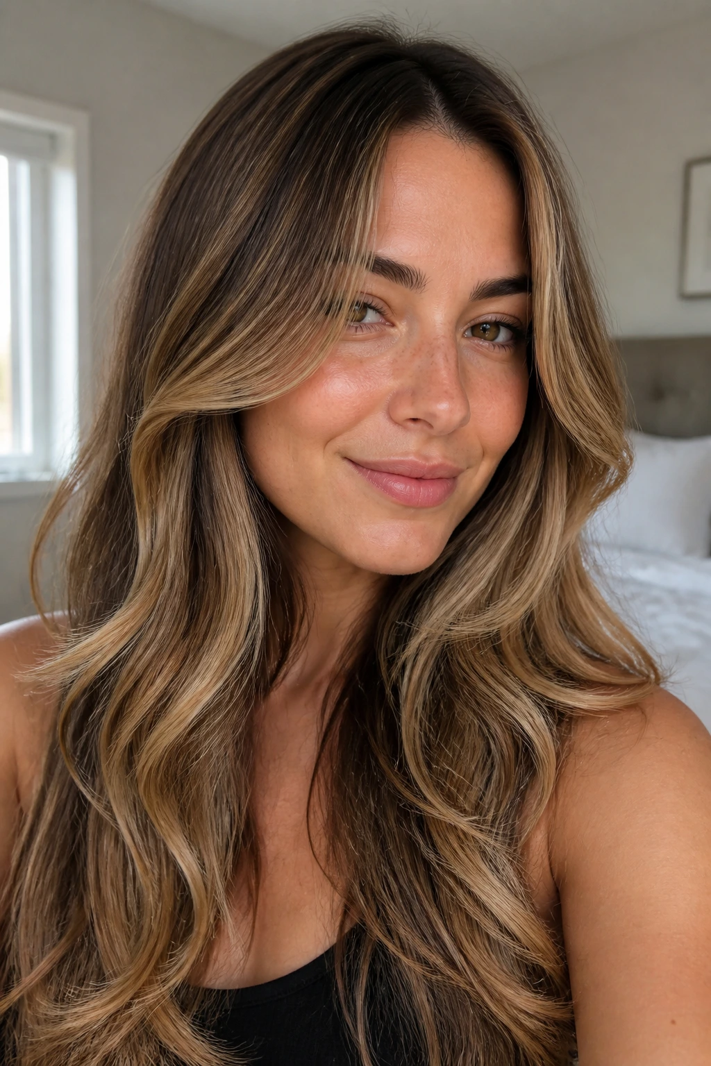 Close-up portrait of a real person with face-framing long waves hairstyle