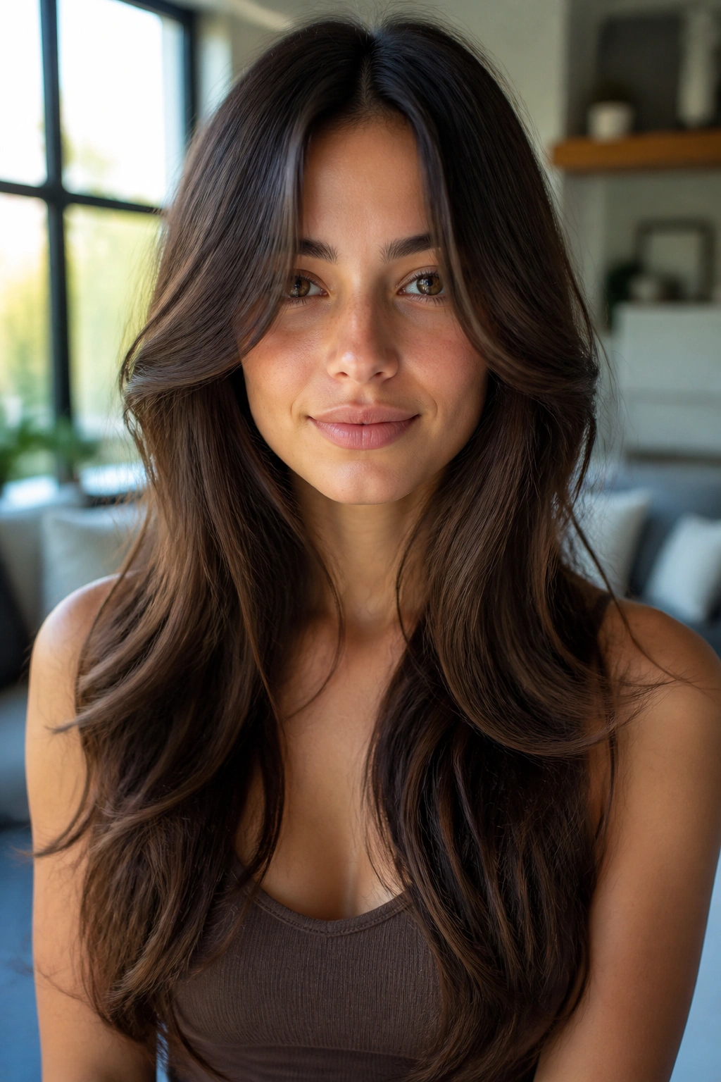 Frontal portrait of long hair with front layers framing the cheeks