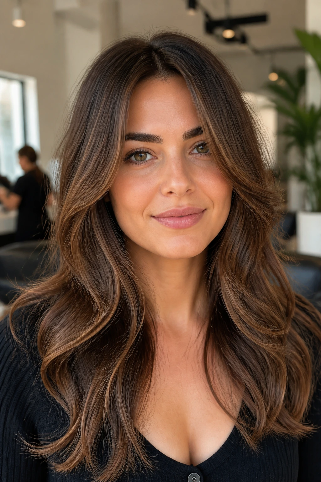 Close-up portrait of a woman with face-framing layers and loose waves