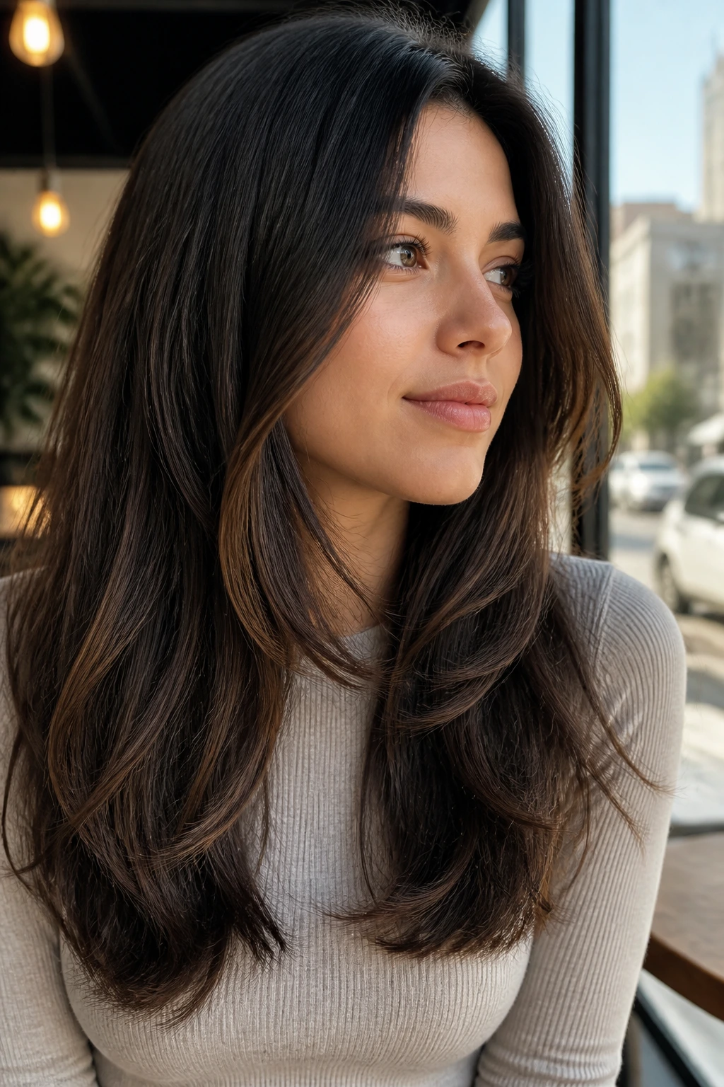 Close-up of a real woman showing low-start face-framing layers around the chin.