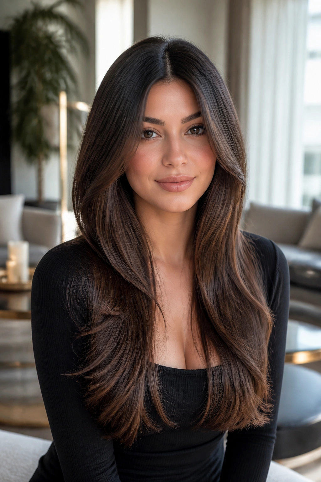 Head-and-shoulders portrait of a real woman with face-framing layers and a middle part
