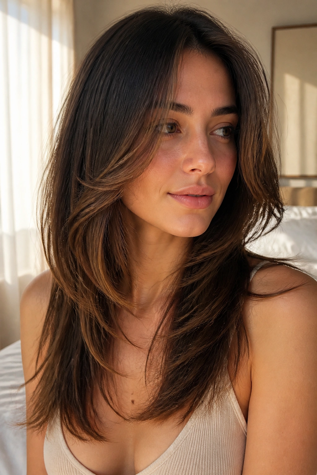 Close-up portrait of a real woman with mouth-length face-framing layers and wispy ends in sunlit bedroom.