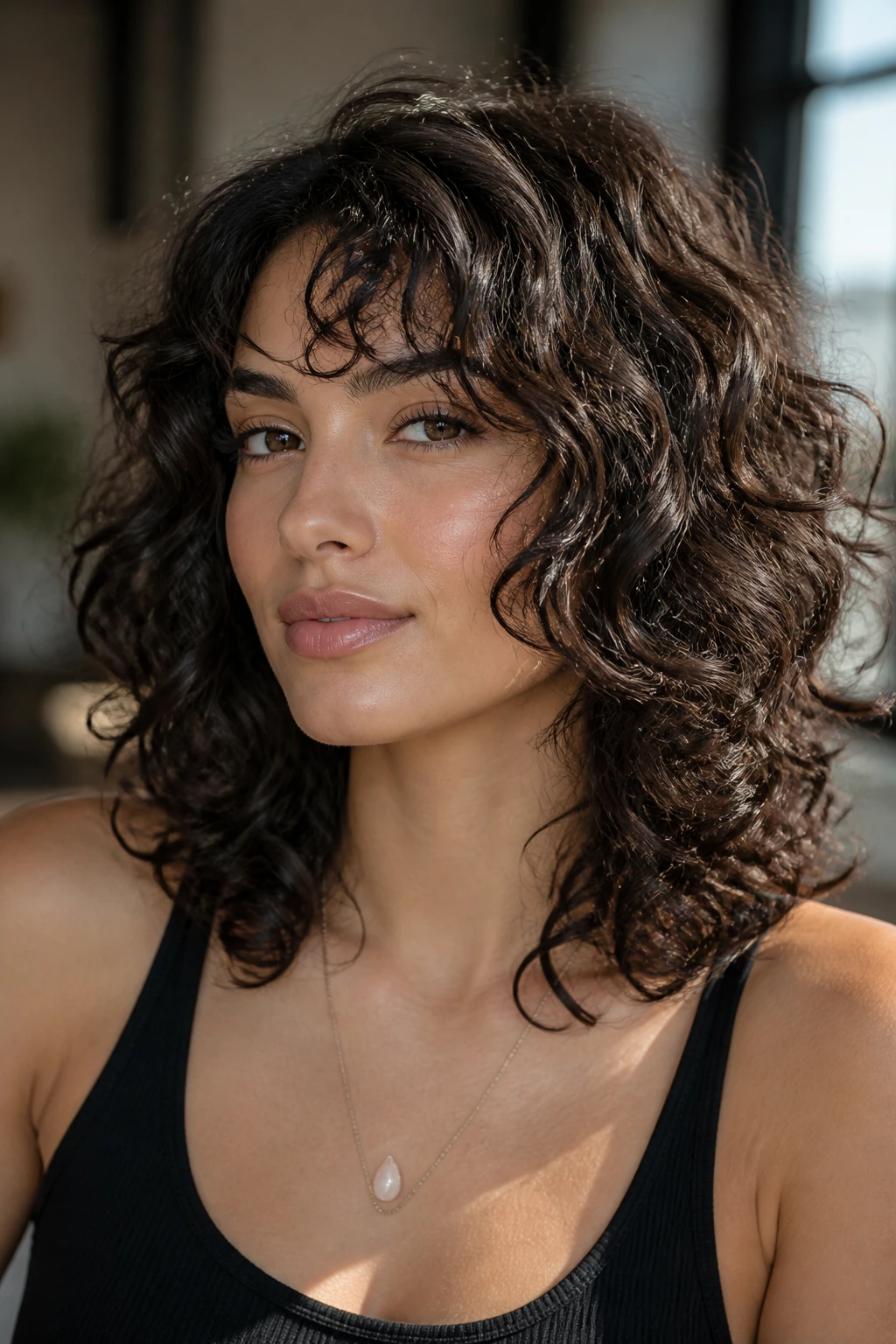 Portrait of a real person with face-framing layers around the cheekbones