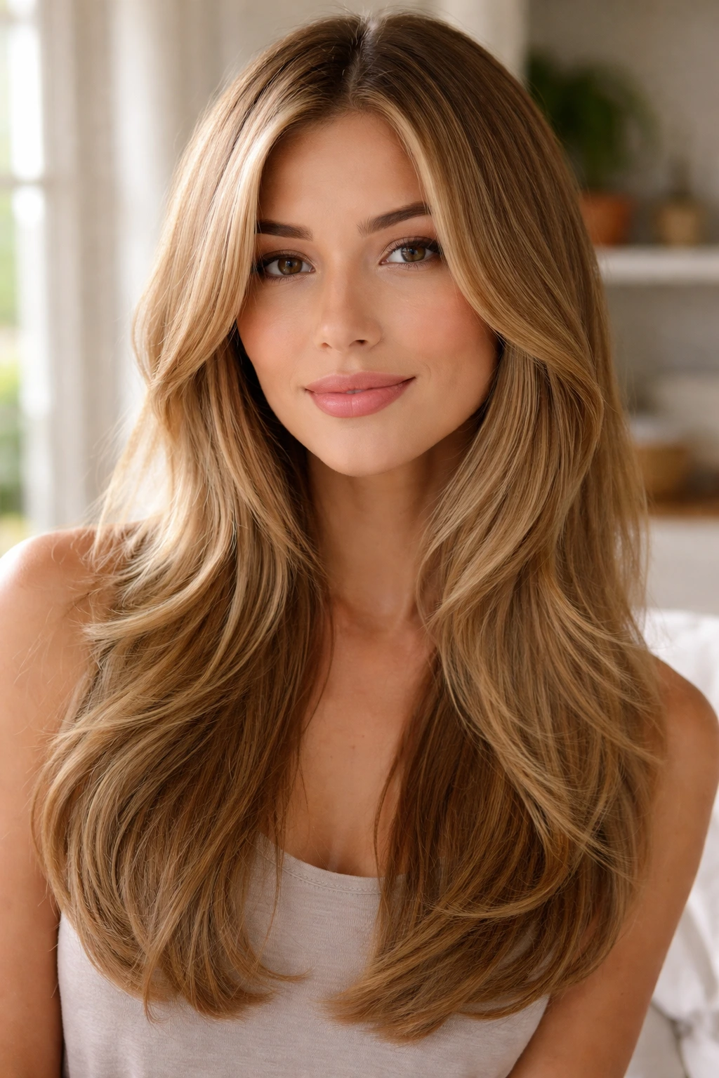 Close-up of a real woman with soft face-framing layers around her face