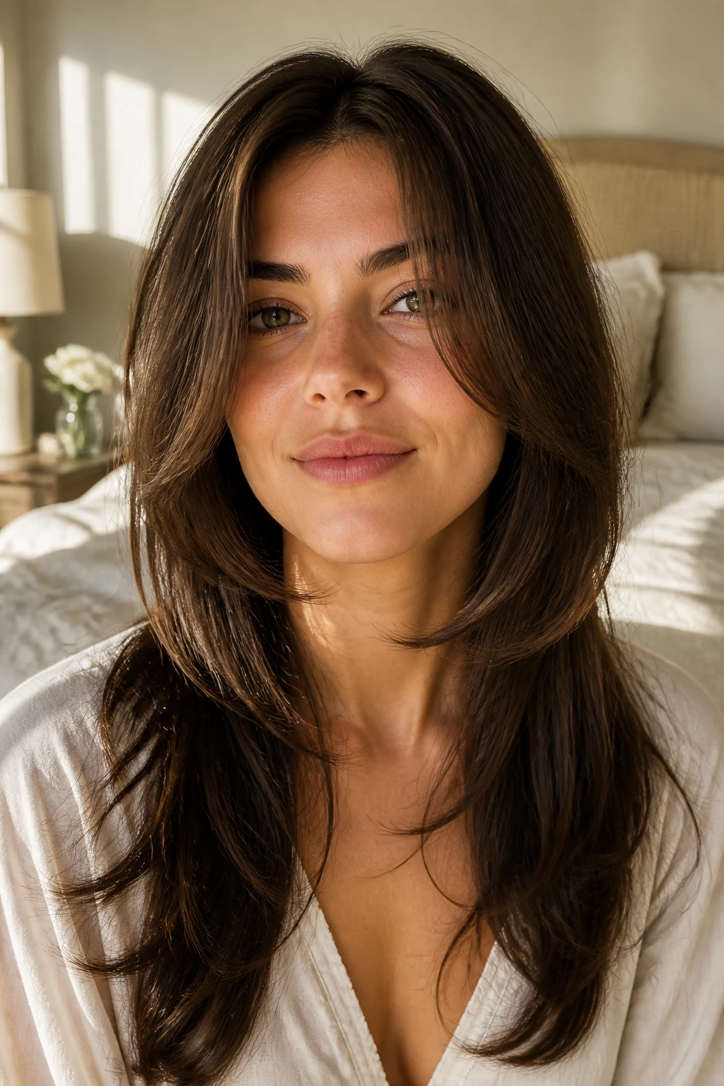 Close-up of a real woman with chin-length face-framing layers highlighting the jawline.