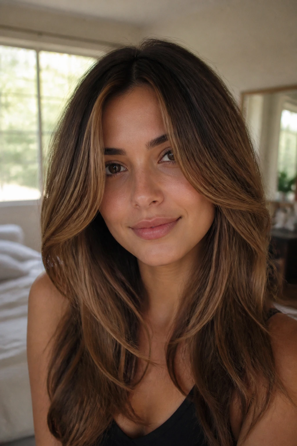 Close-up portrait of a real woman with face-framing long layers
