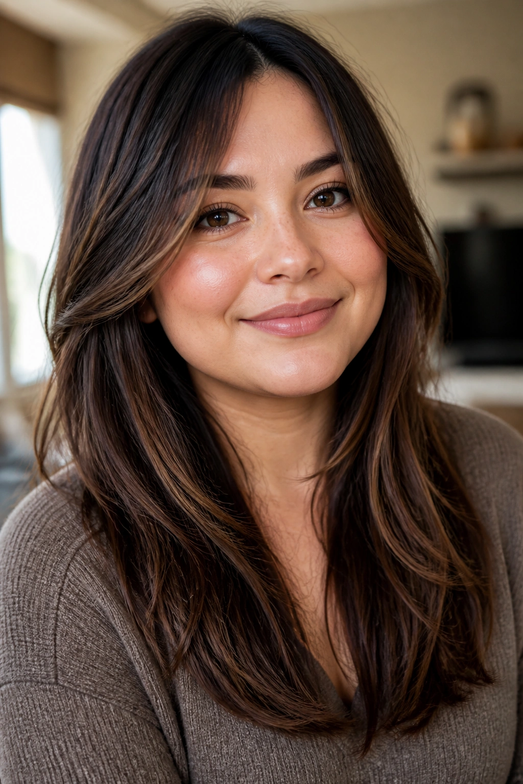 Close-up of a real woman with long face-framing layers around the cheeks