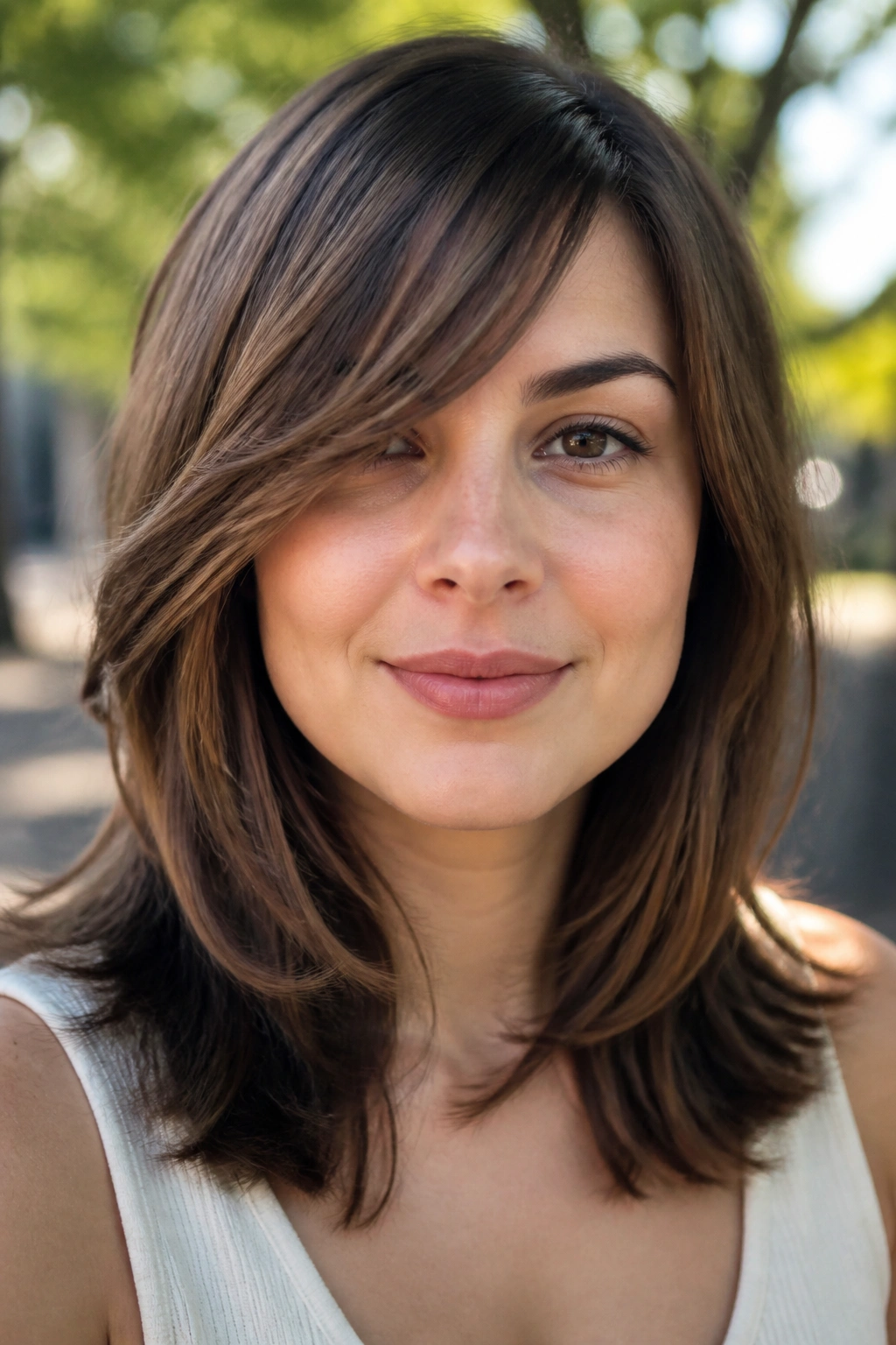 Close-up portrait of a real woman with face-framing layers and side sweep in a sunlit outdoor setting