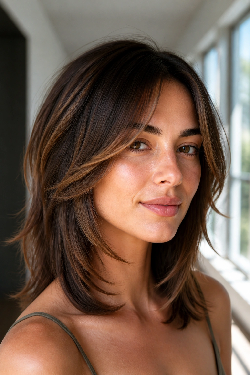 Portrait of a real woman with face-framing layers to soften square facial features