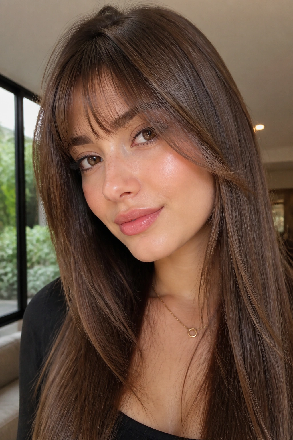 Close-up of a real woman with face-framing layers and French bangs in natural light
