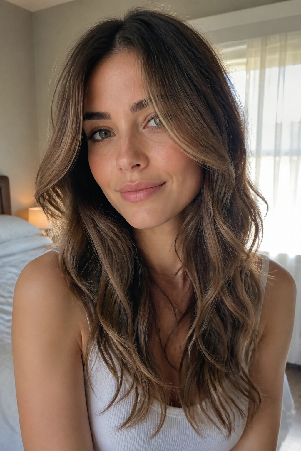Close-up portrait of a real woman with face-framing layers in wavy hair under natural window light