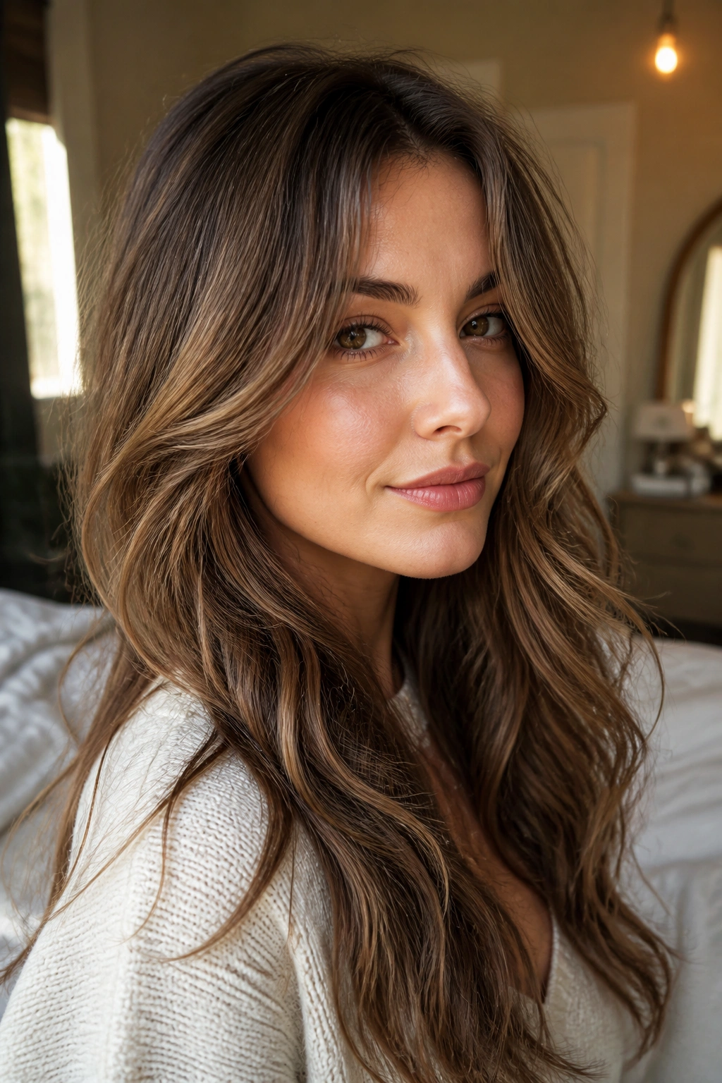 Close-up portrait of a real woman with soft face-framing layers in wavy hair.