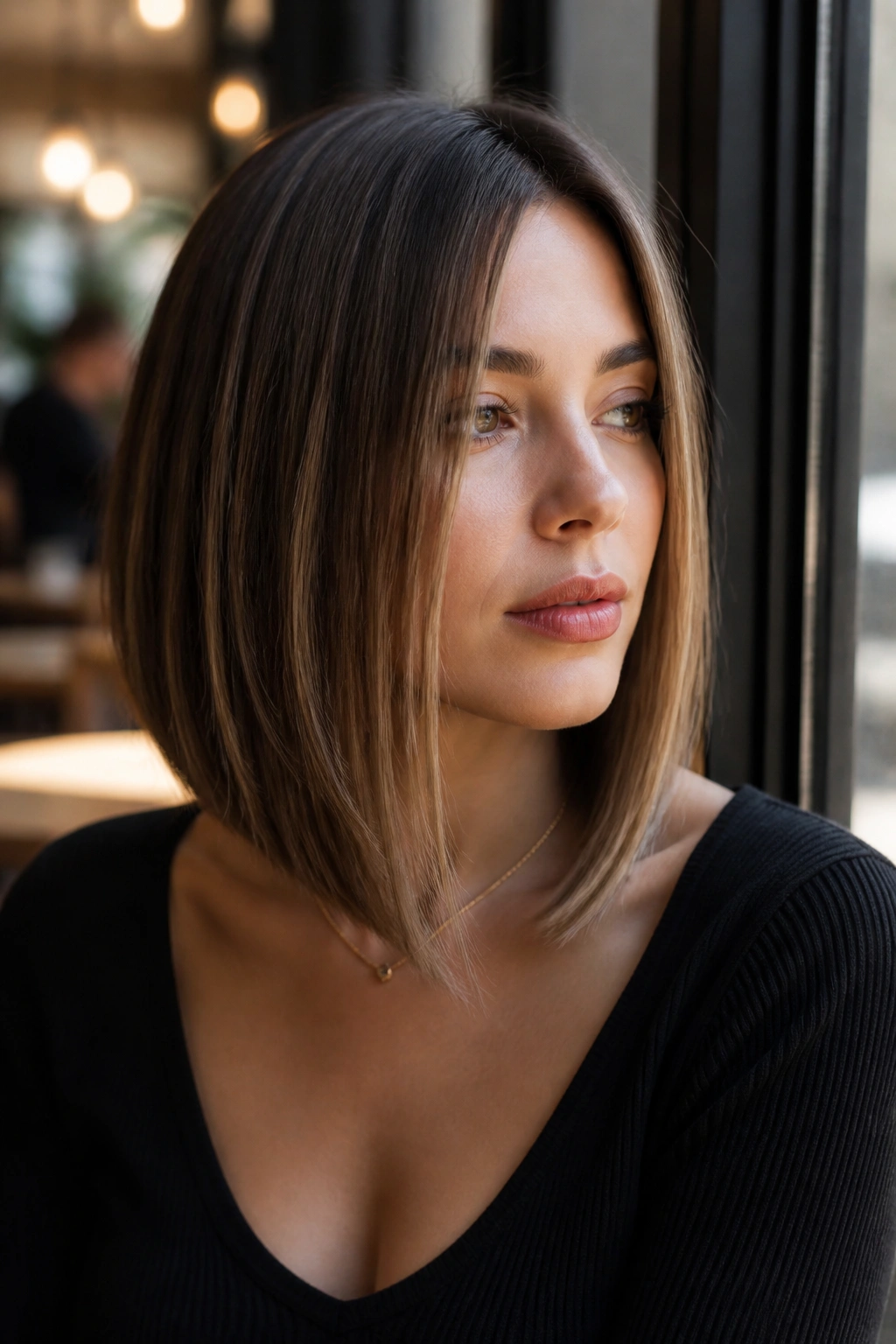 Real person with a face-framing lob and long lean front pieces in daylight