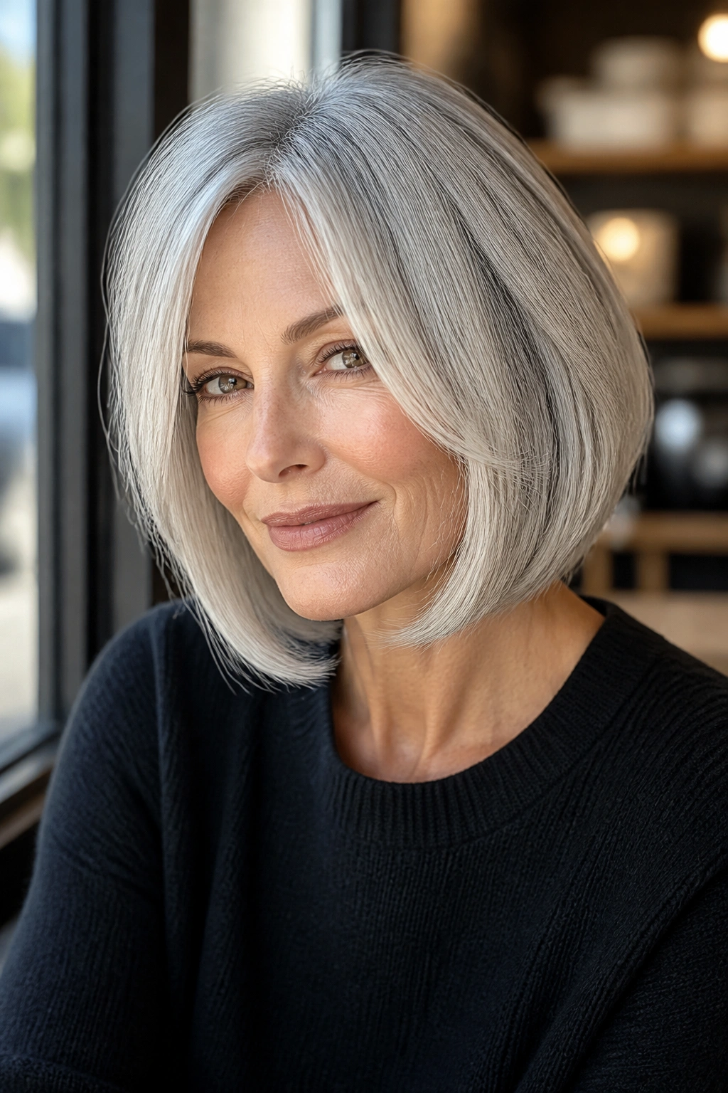 Three-quarter portrait of real woman with face-framing lob
