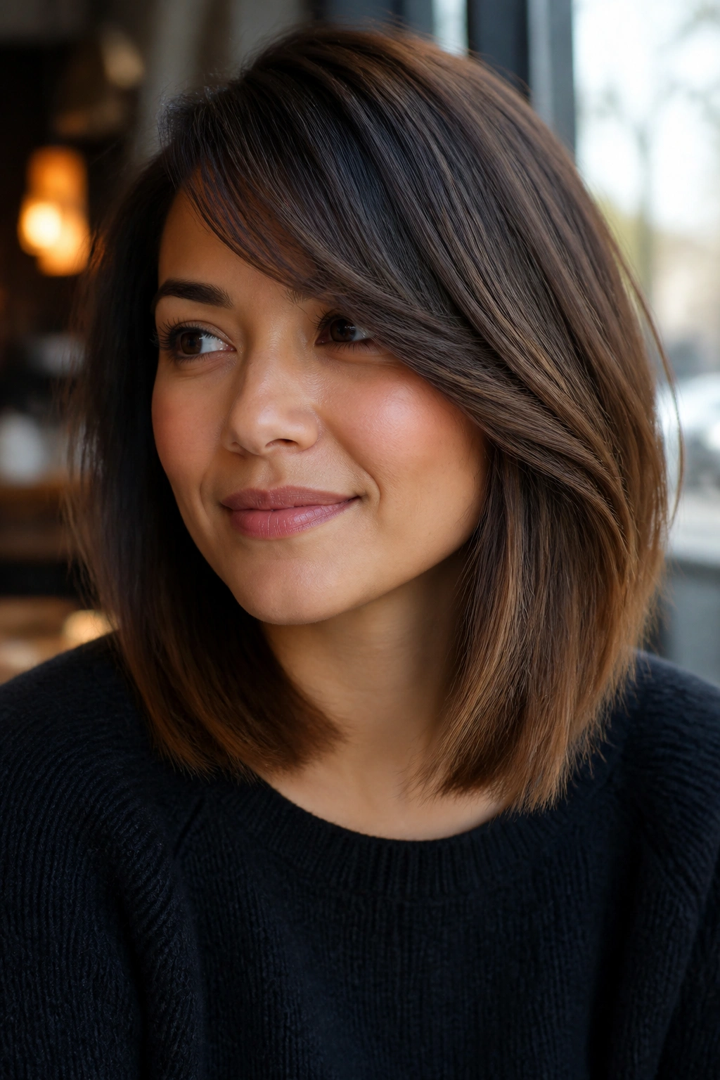 Close-up of a real person with face-framing lob and side-swept bangs at a cafe