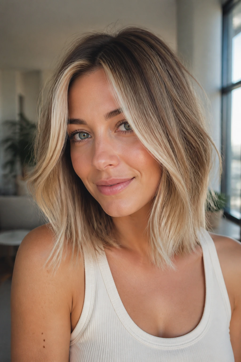 Portrait of a woman with a face-framing layered lob and blonde slices, natural light.