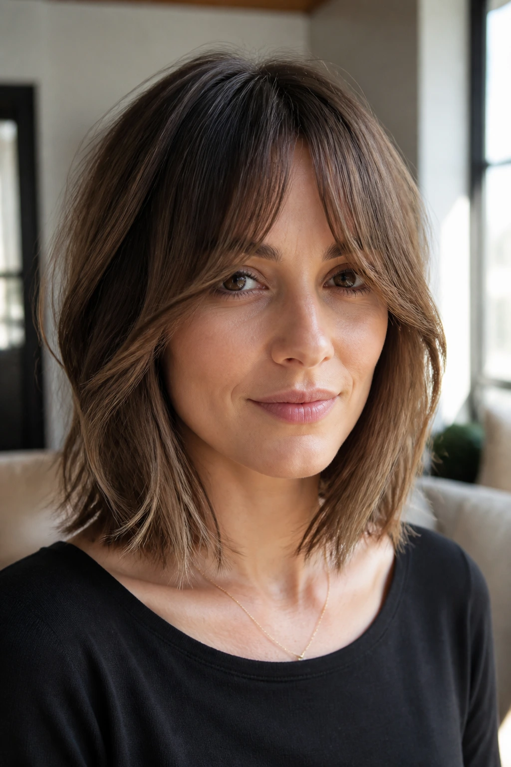 Close-up portrait of a real person with bottleneck bangs and face-framing lob