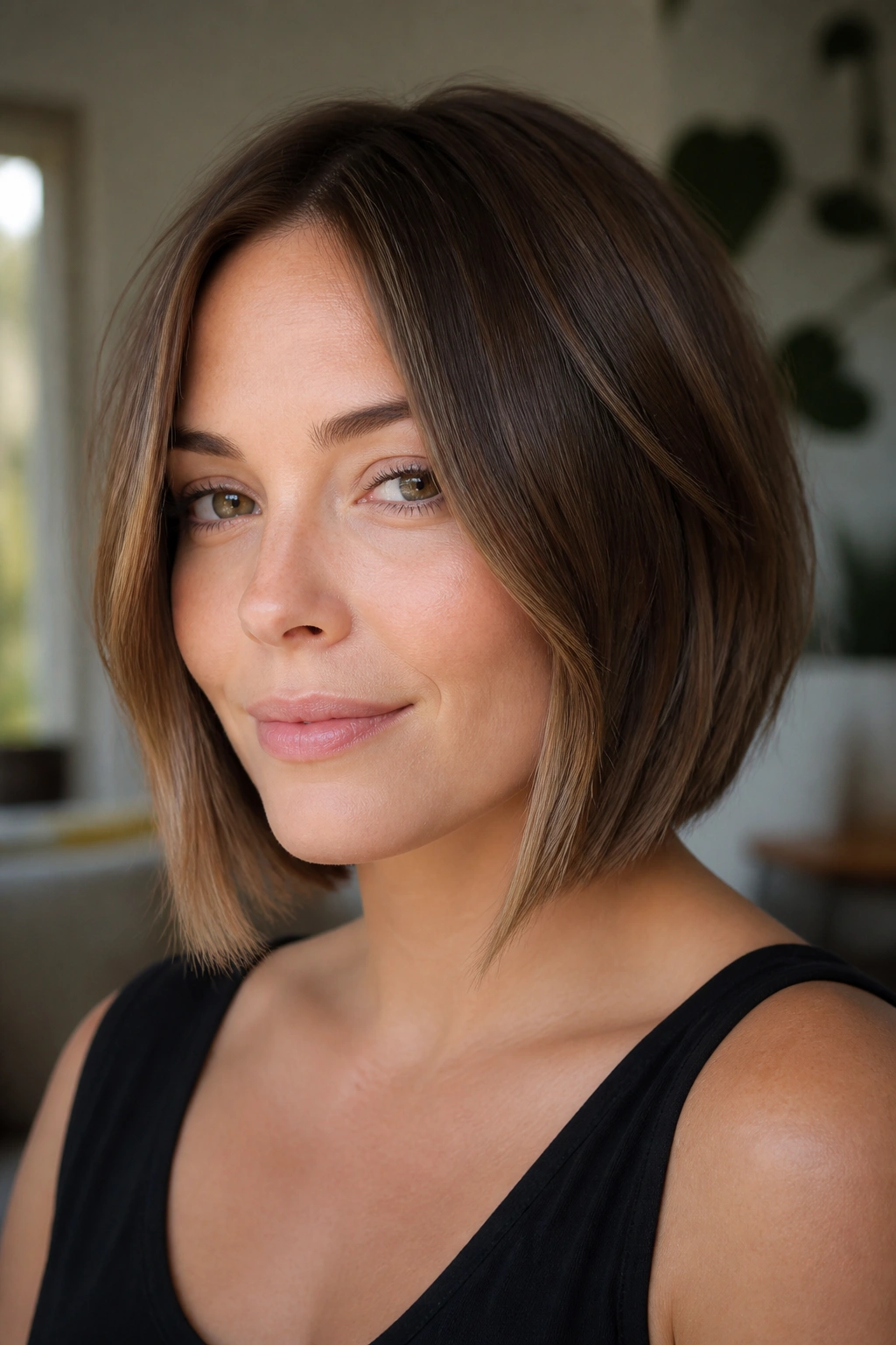 Portrait of a real woman with face-framing chin-length lob pieces