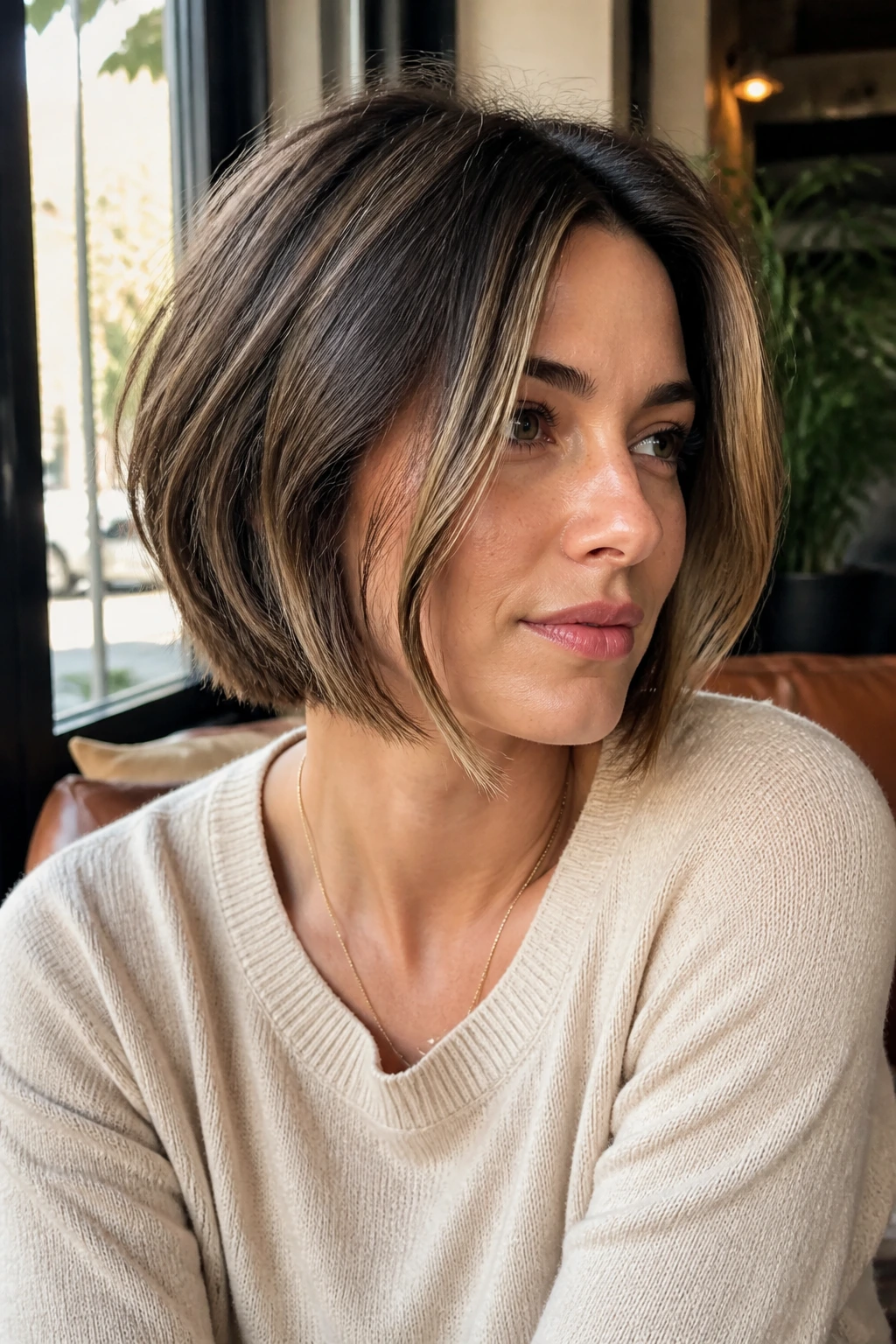 Close-up portrait of a real person with chin-length face-framing lob pieces.