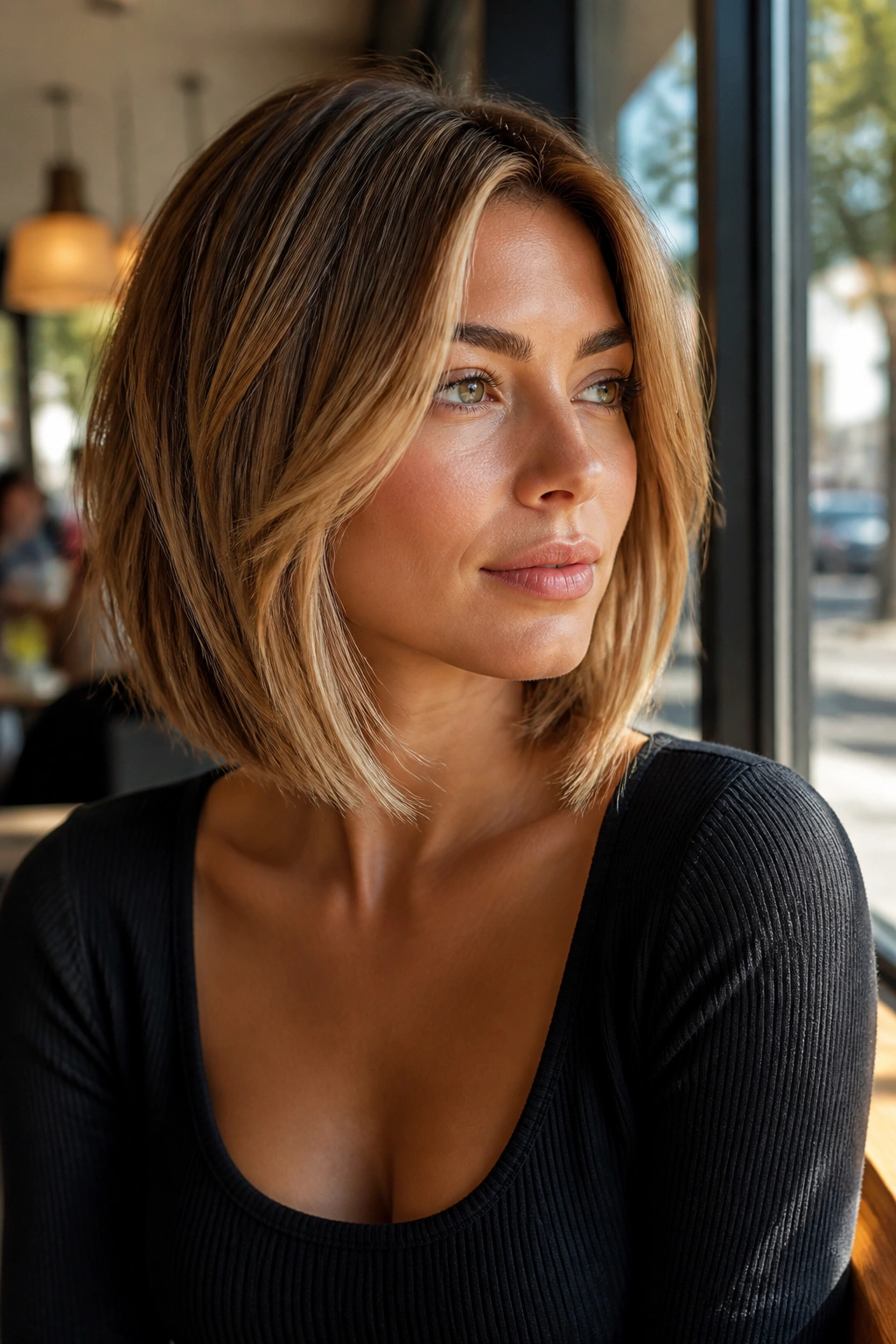 Close-up portrait of a real woman with a face-framing graduated lob around cheekbones in warm light