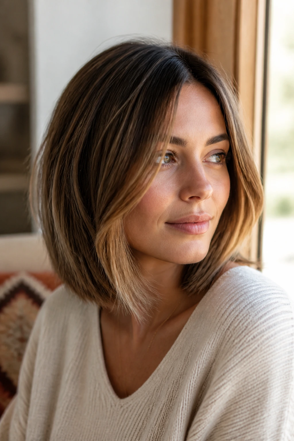 Real woman with face-framing lob highlighting longer front pieces around the face in warm daylight.