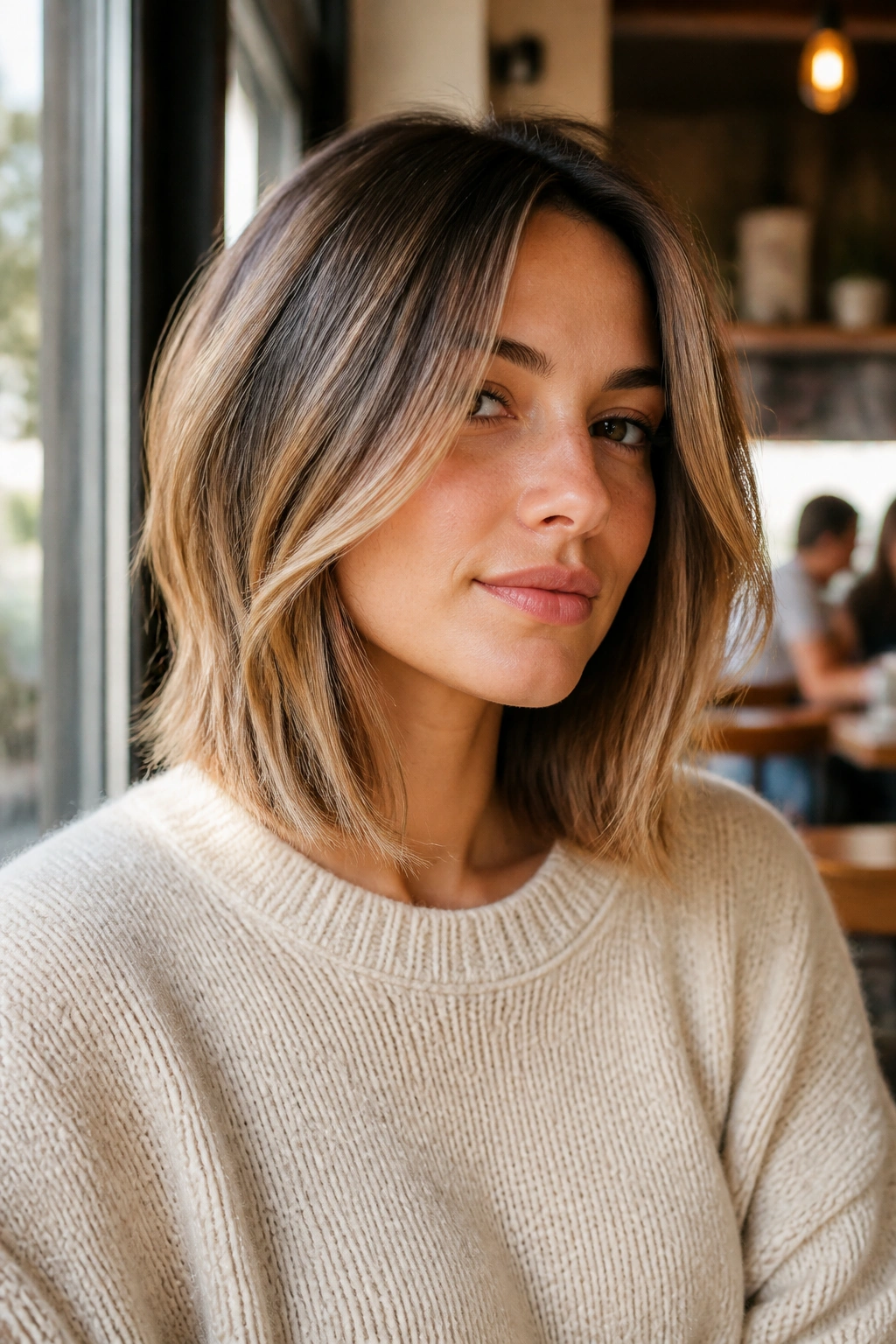 Close-up of a real woman with a face-framing lob around the cheeks.