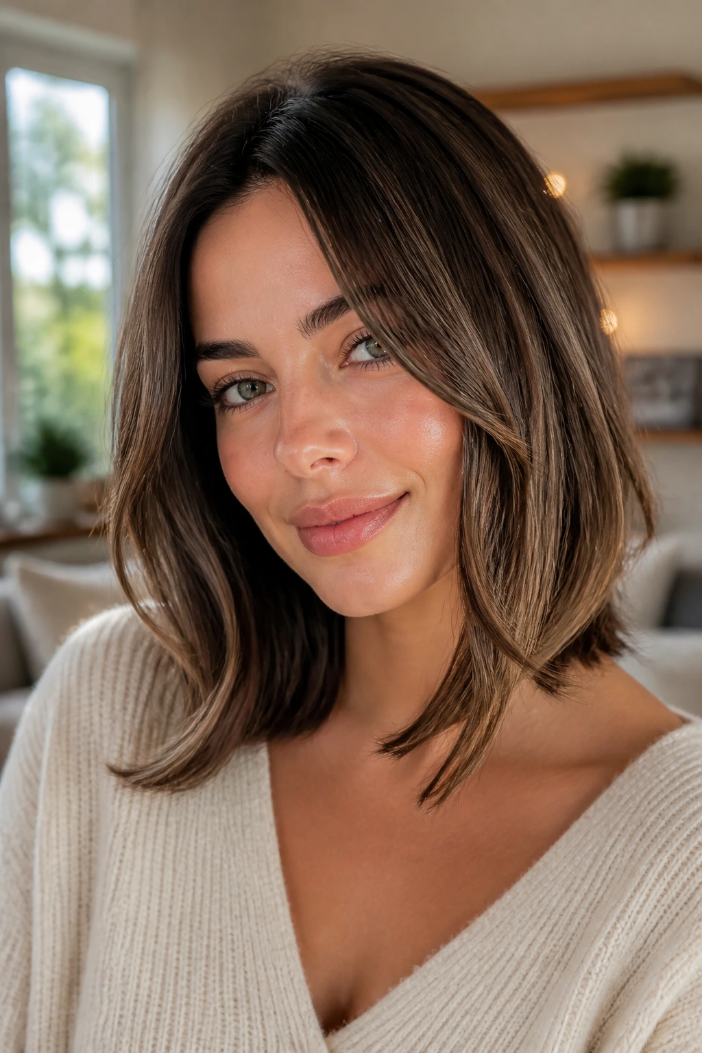 Close-up portrait of a real woman with a face-framing layered lob with inverted ends in warm window light