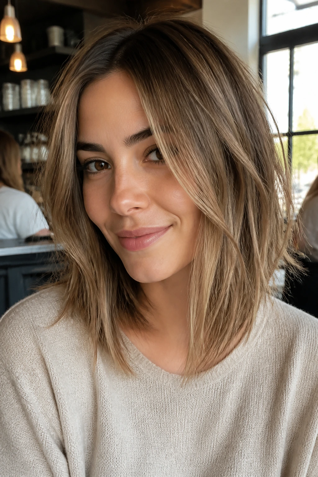 Portrait of a real woman with long face-framing lob