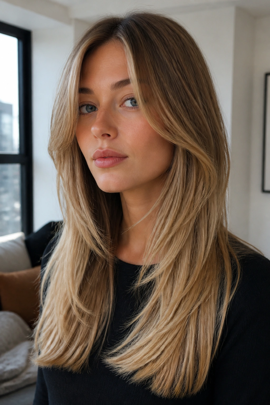 Real woman with face-framing layers on long hair