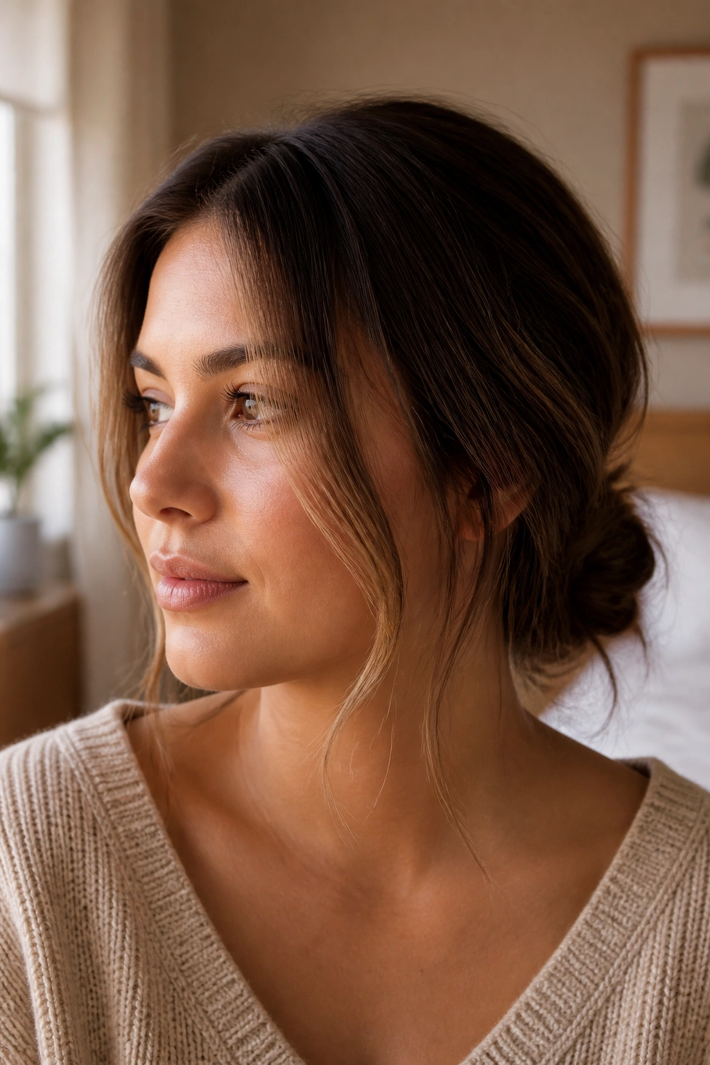 Close-up of a woman with a face-framing low knot at the nape, front strands skimming the cheeks.