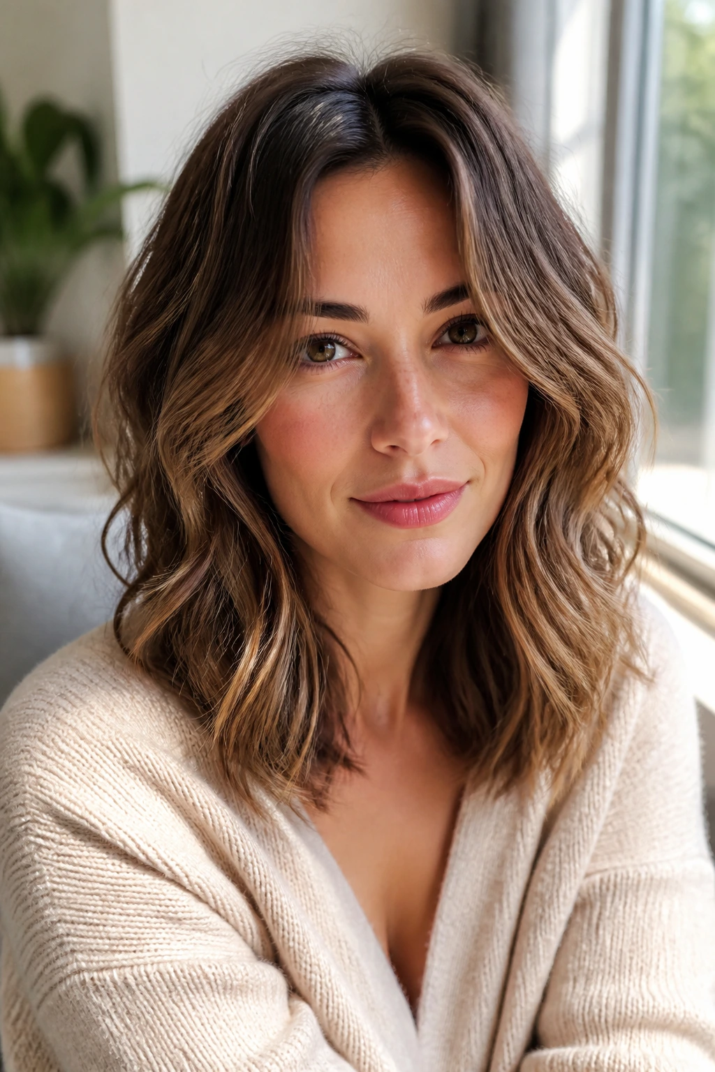 Close-up of a real woman with a mid-length haircut and strong face-framing pieces in sunlit room