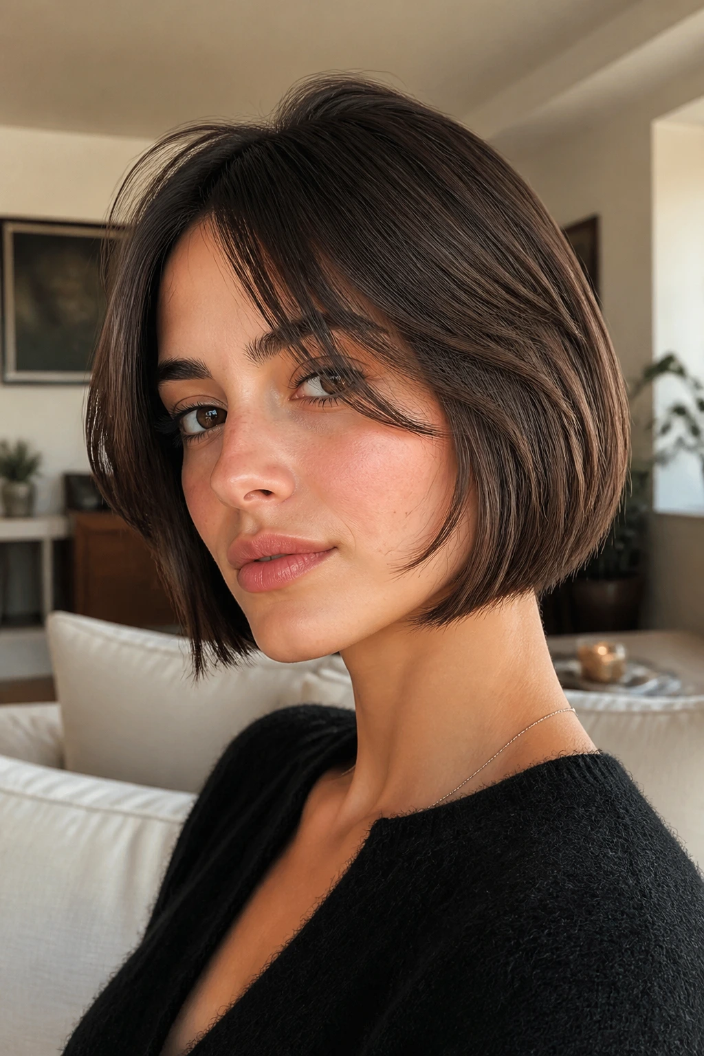 Close-up of a real woman with face framing micro layers in a French bob