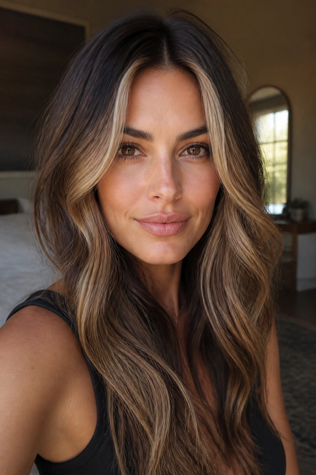 Close-up of a woman with face-framing money piece bronde hair