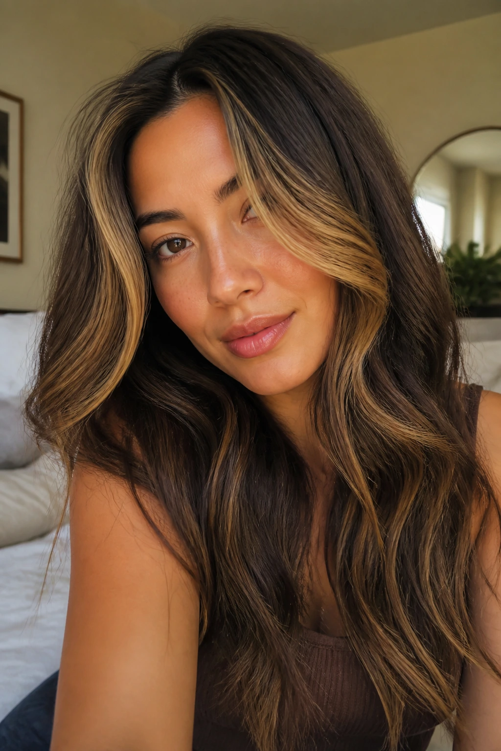 Close-up of face-framing honey money piece on brunette hair