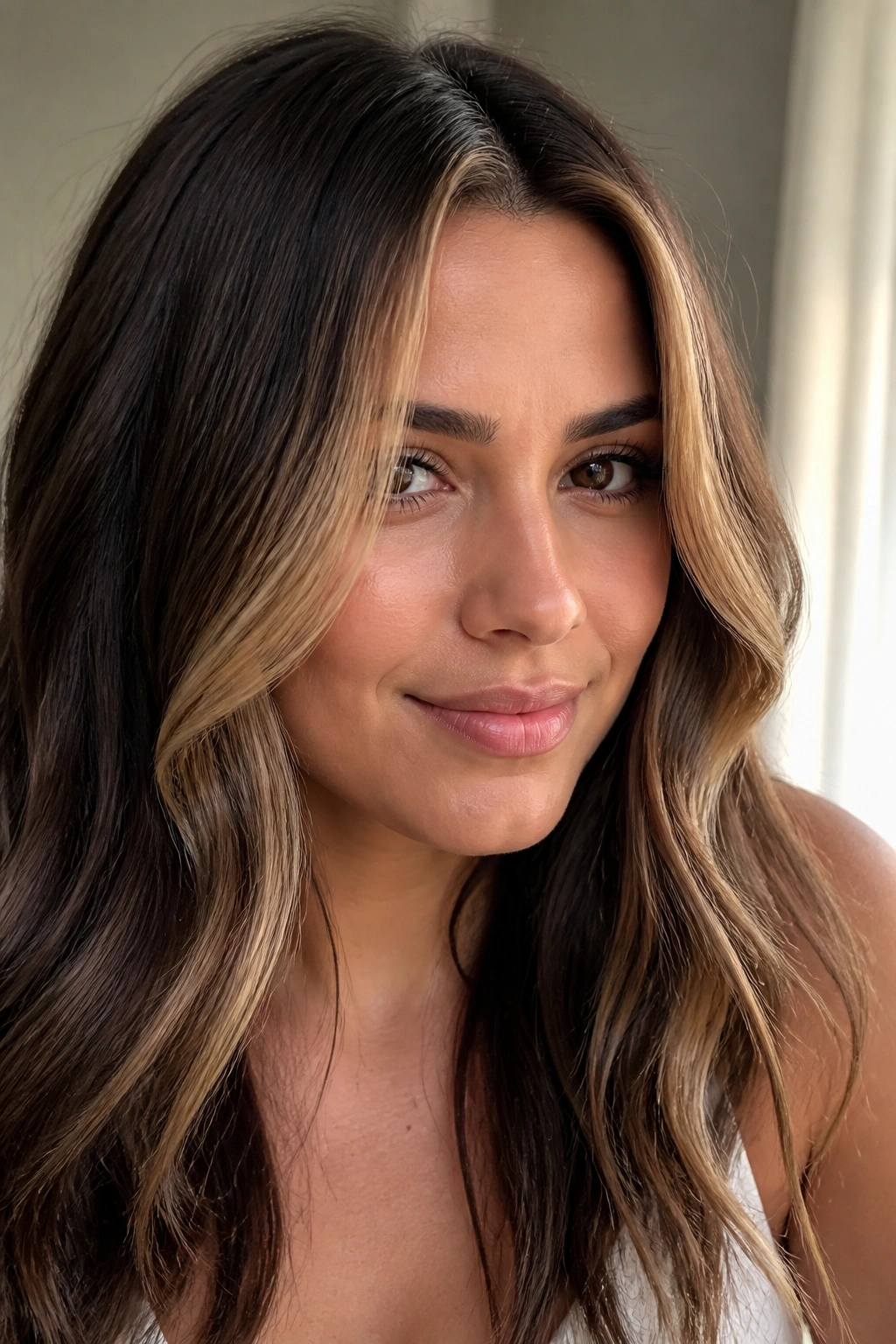 Close-up of a real woman with face-framing honey blonde money piece against brunette hair
