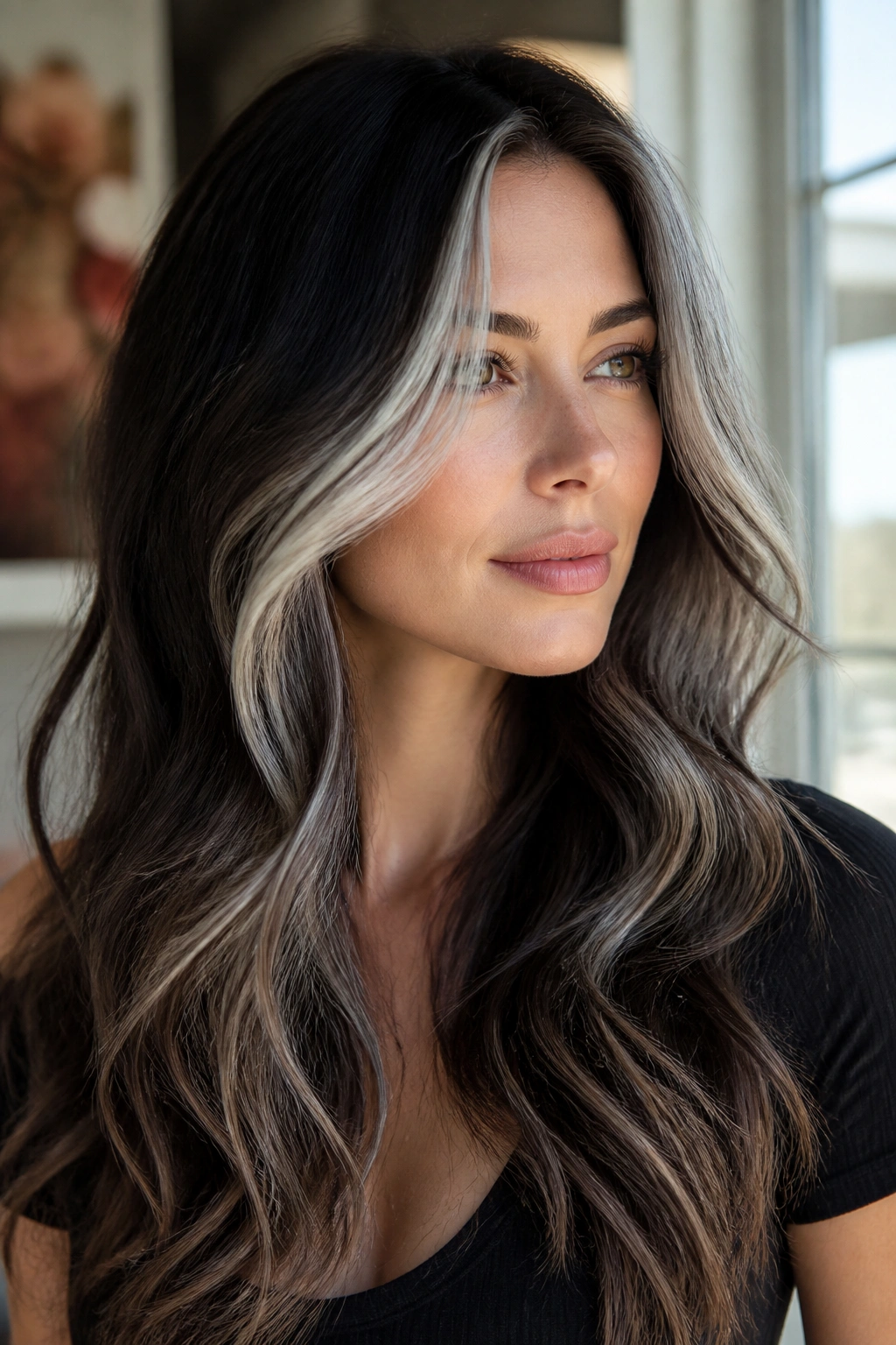 Portrait of real woman with long brunette hair and silver money pieces framing the face