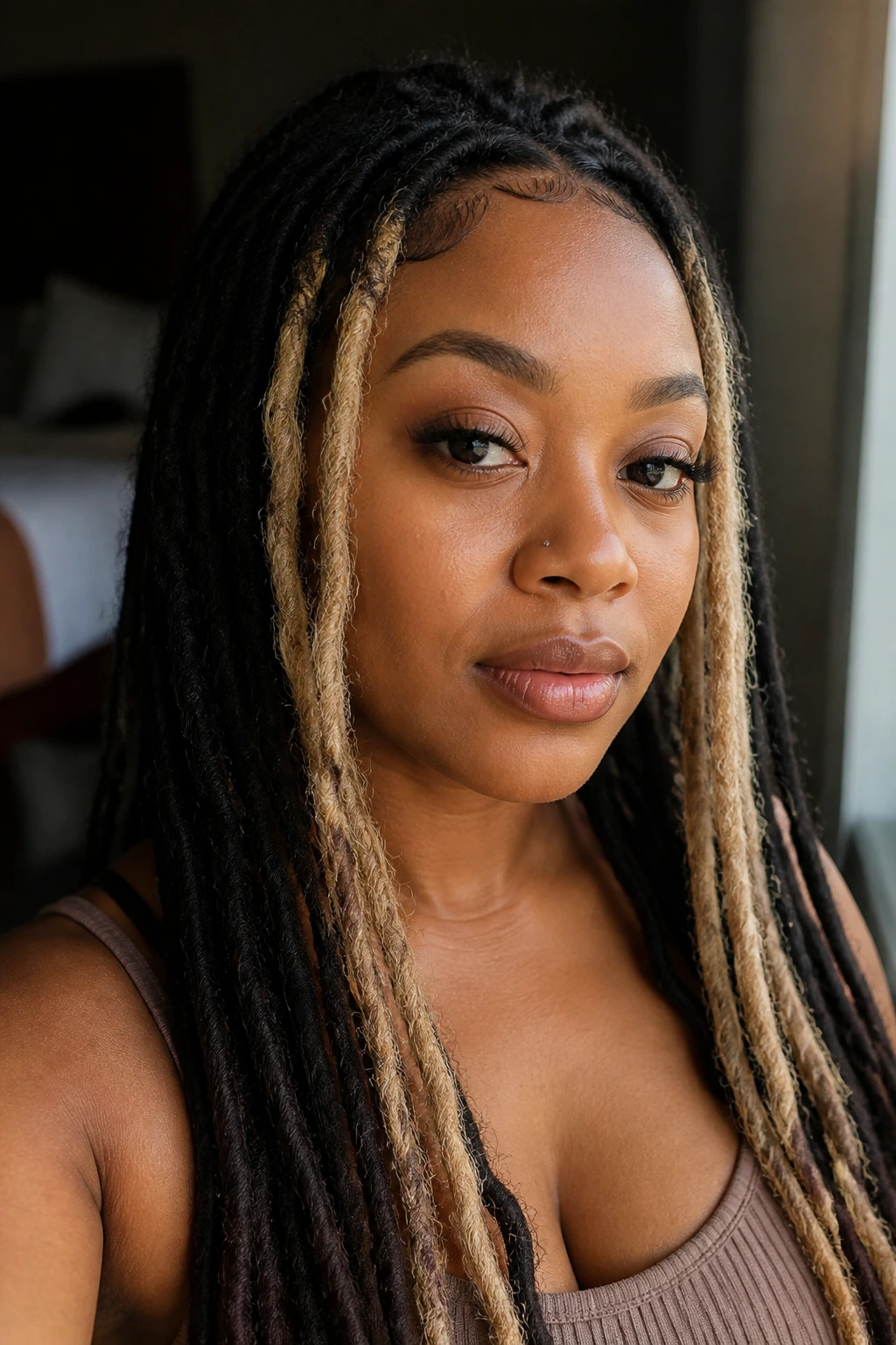 Close-up of a Black woman with face-framing blonde money pieces around her cheeks