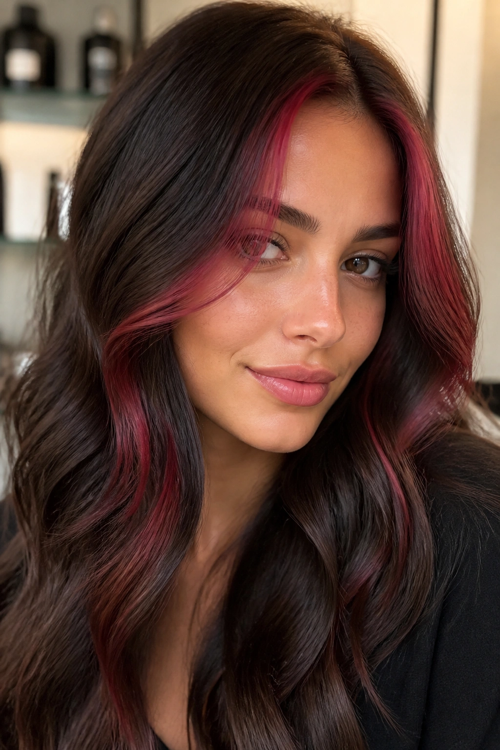 Close-up of a real woman with cherry money pieces at the hairline