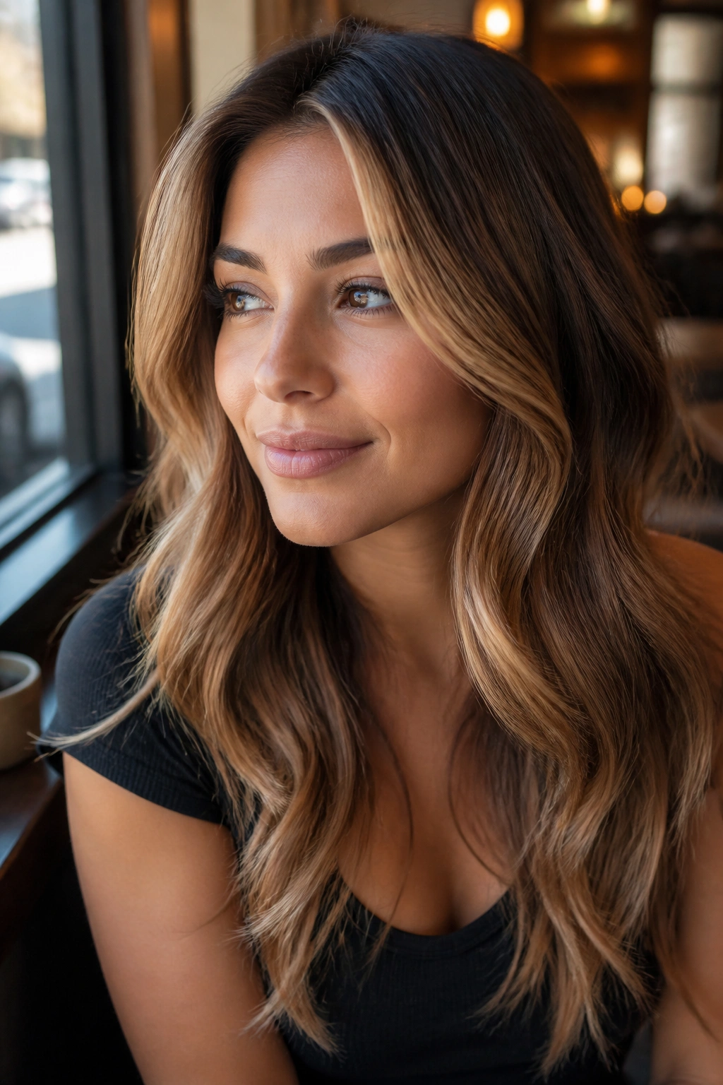 Portrait of brunette with face-framing honey caramel money pieces around the front hairline