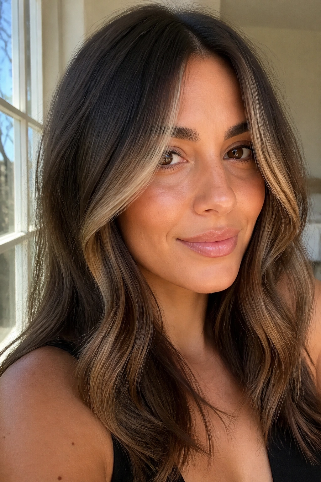 Portrait showing face-framing money pieces on soft bronde hair around the cheekbones.